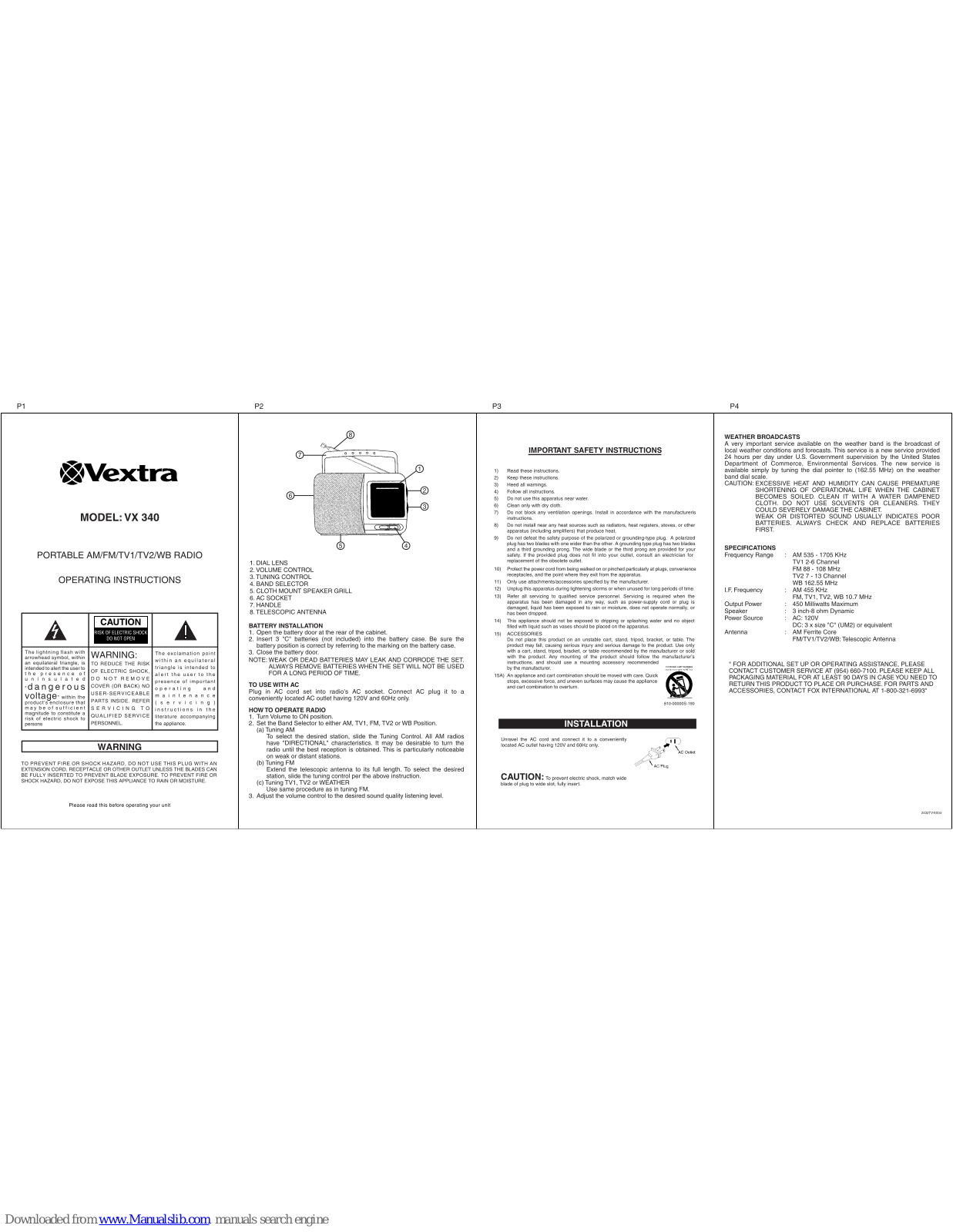 Vextra VX 340 Operating Instructions Manual