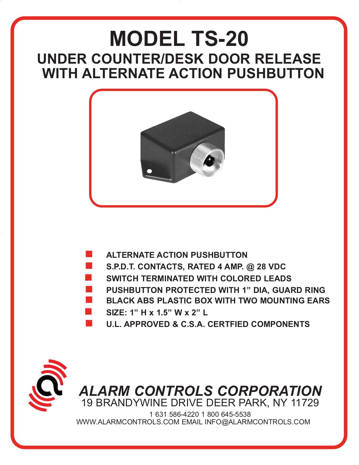 Alarm Controls TS-20 Specsheet