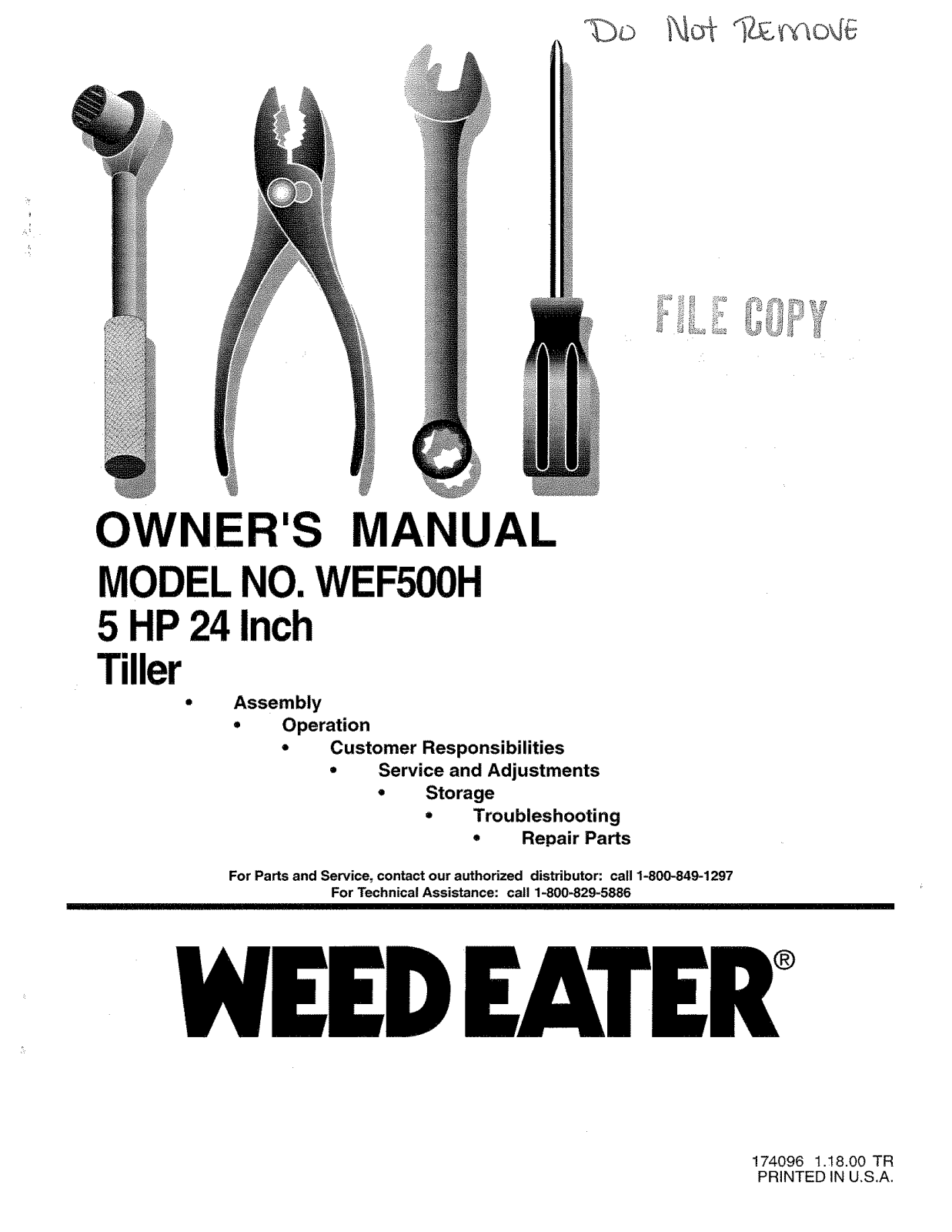 Weed Eater 174096, WEF500H User Manual