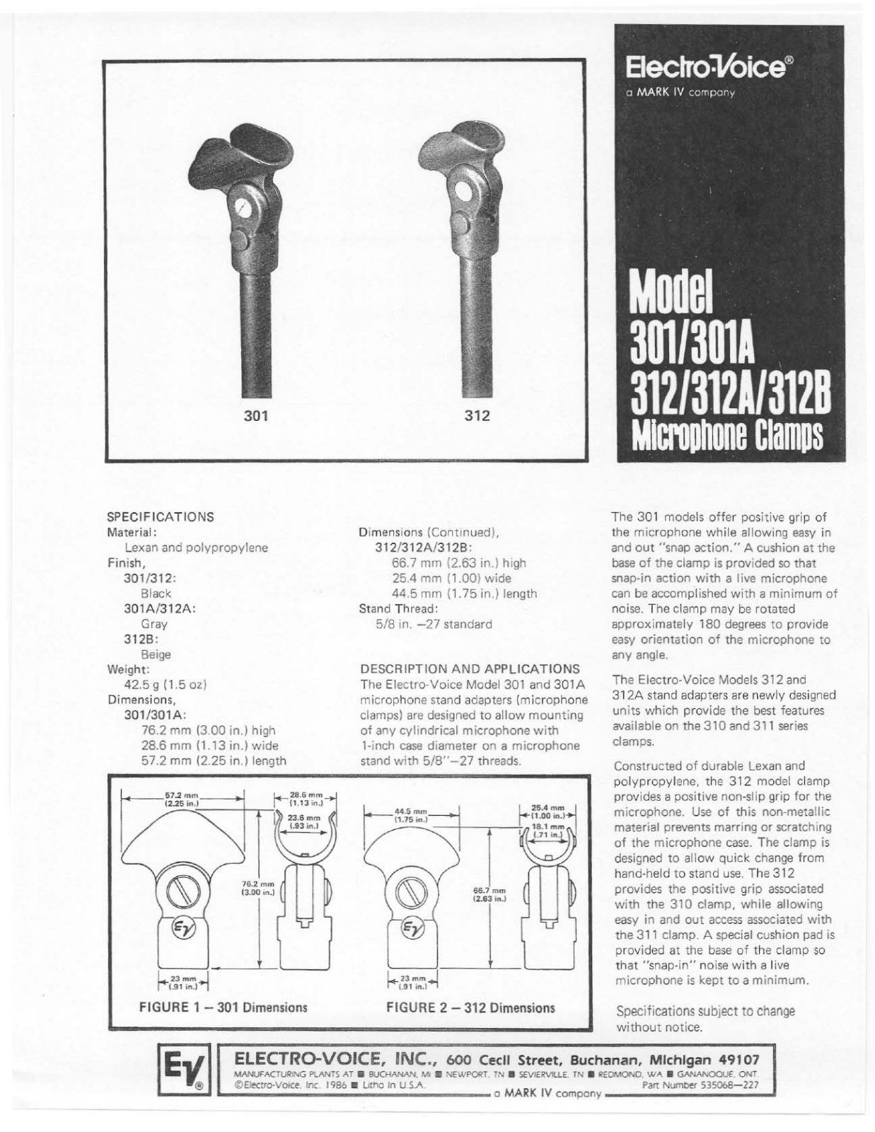 Electro-voice 312B, 301A, 312, 301, 312A DATASHEET