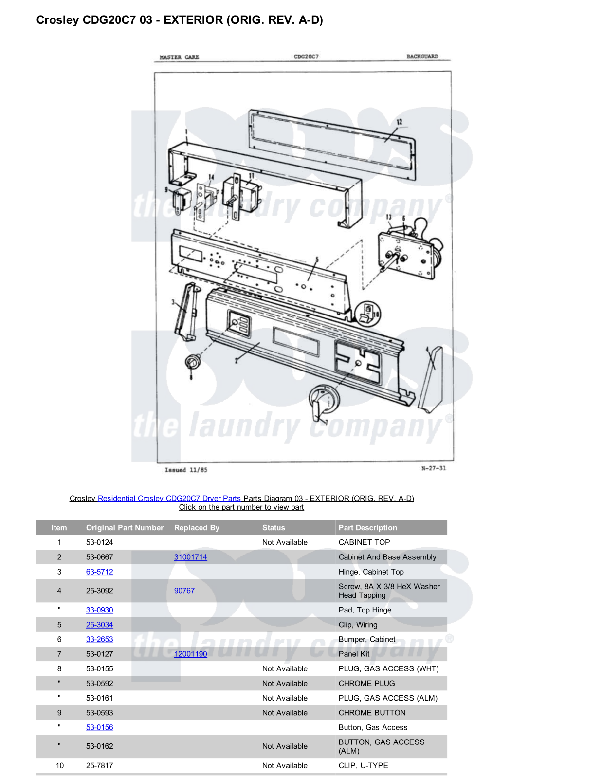 Crosley CDG20C7 Parts Diagram