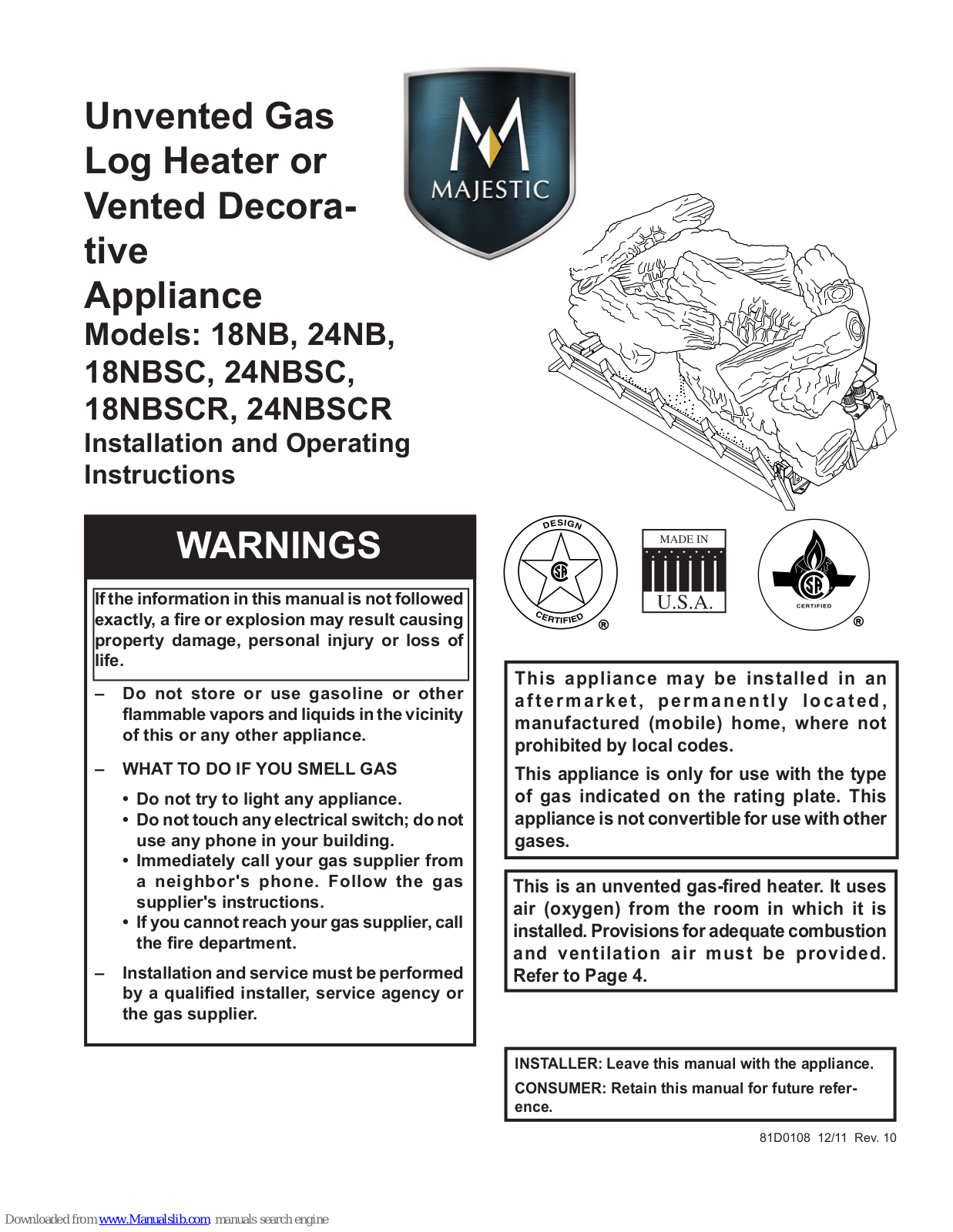 Majestic 18NB, 24NB, 18NBSC, 24NBSC, 18NBSCR Installation And Operating Instructions Manual