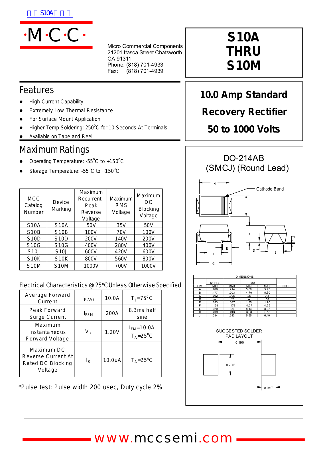 Micro Commercial Components S10A, S10M Technical data