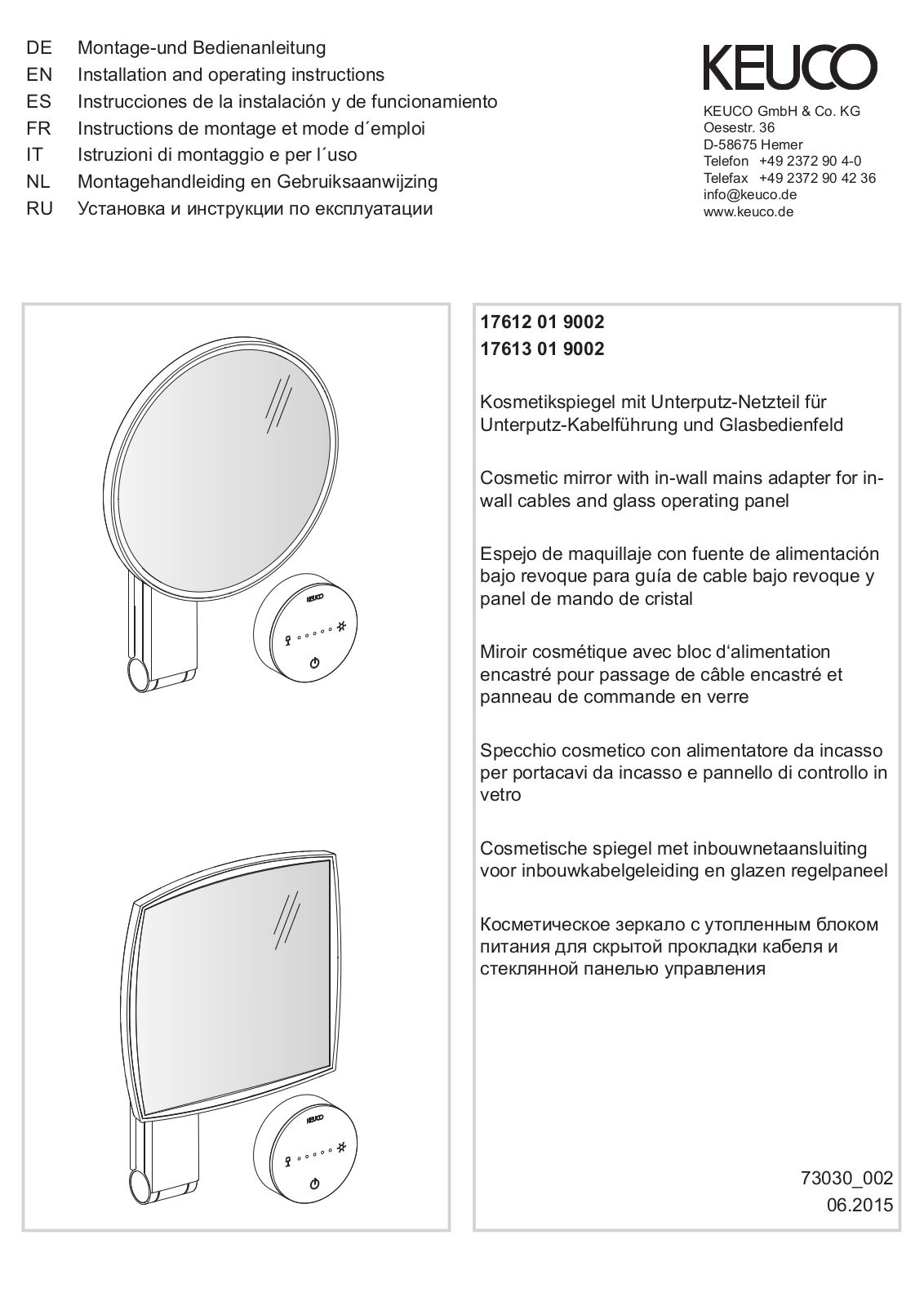 KEUCO 17612 01 9002, 17613 01 9002, 17612 01 9003, 17613 01 9003 Installation And Operating Instructions Manual