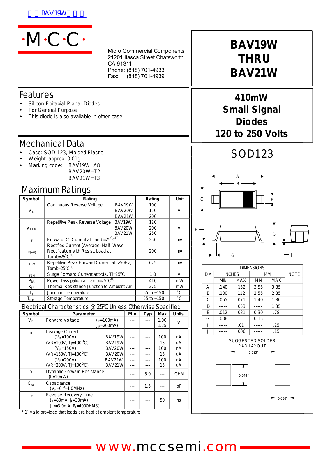 Micro Commercial Components BAV19W, BAV21W Technical data