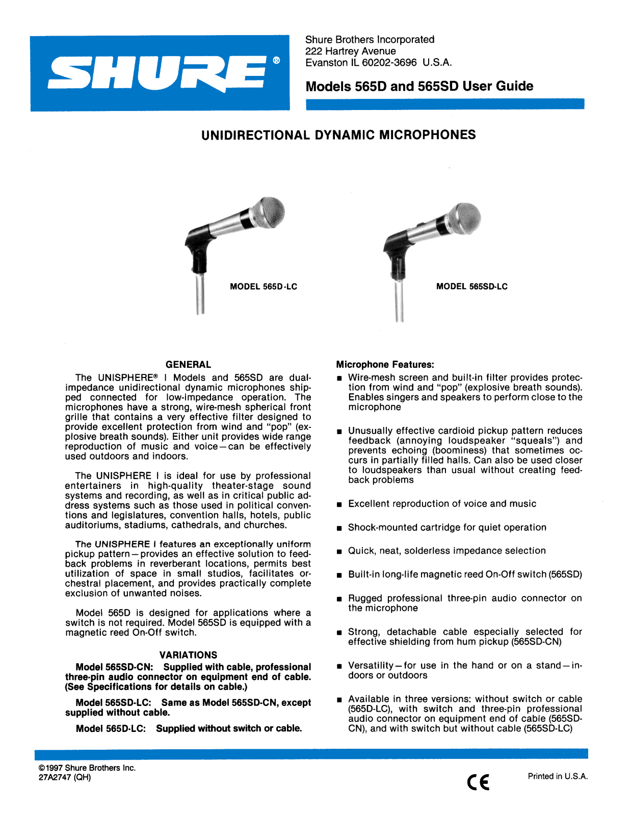 Shure 565sd, 565d User Manual