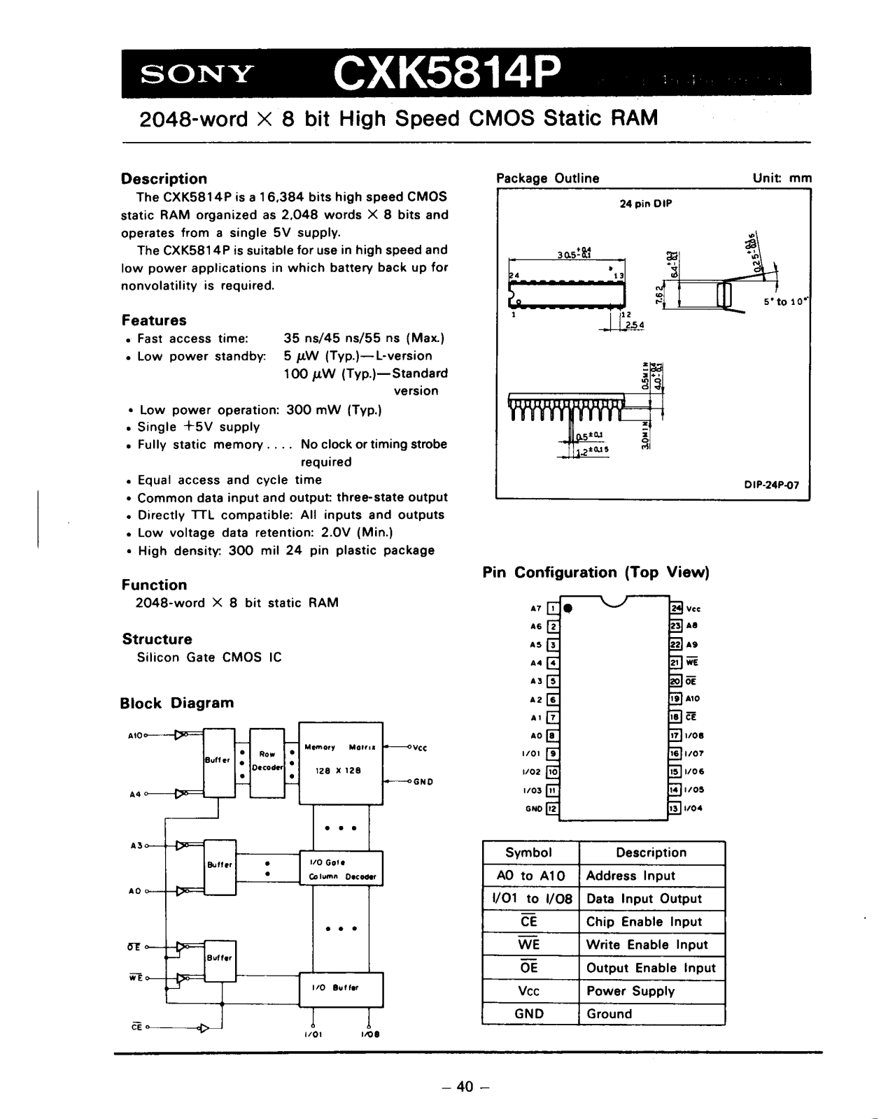 Sony CXK5814P-55L, CXK5814P-55, CXK5814P-45L, CXK5814P-45, CXK5814P-35L Datasheet