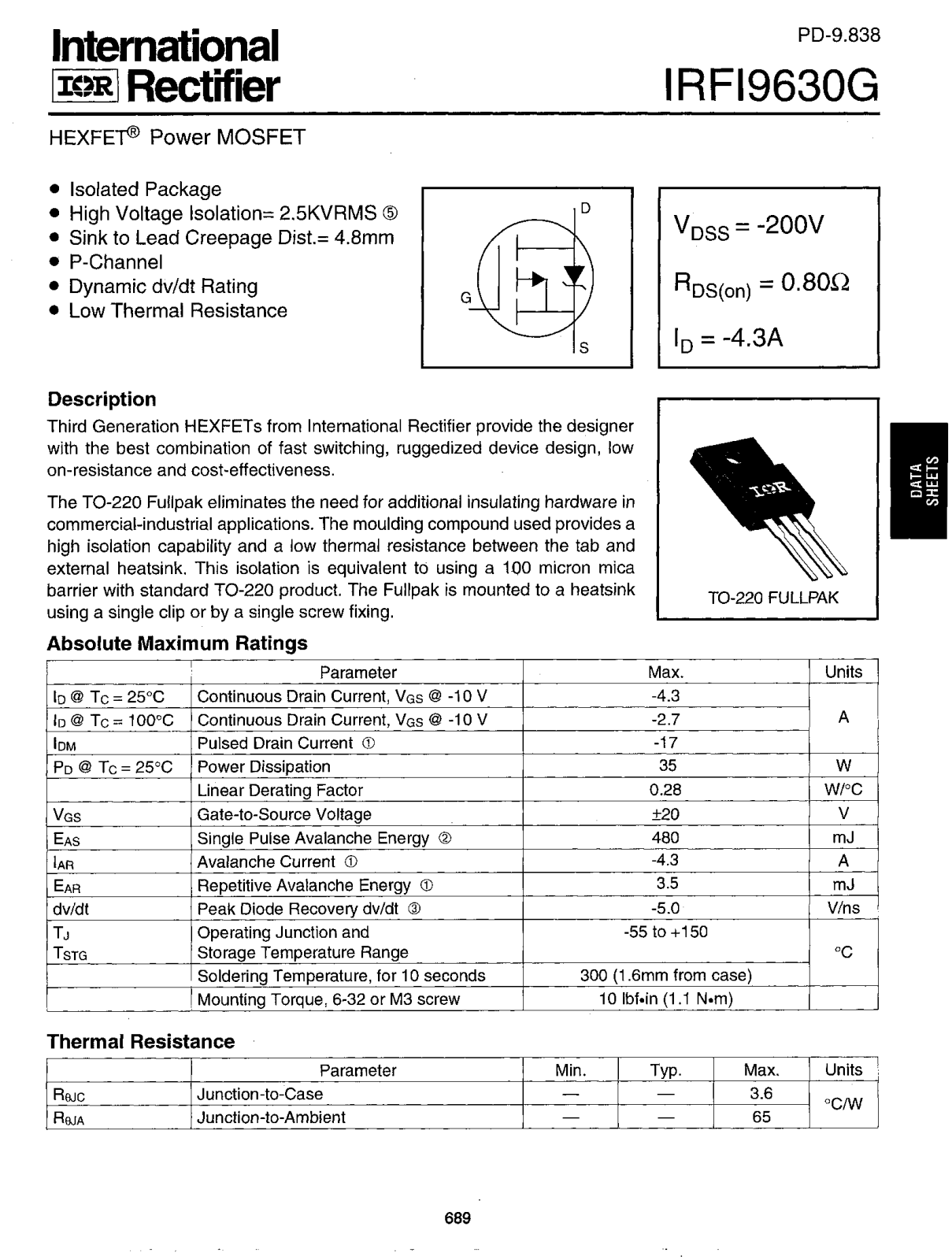 International Rectifier IRFI9630G Datasheet