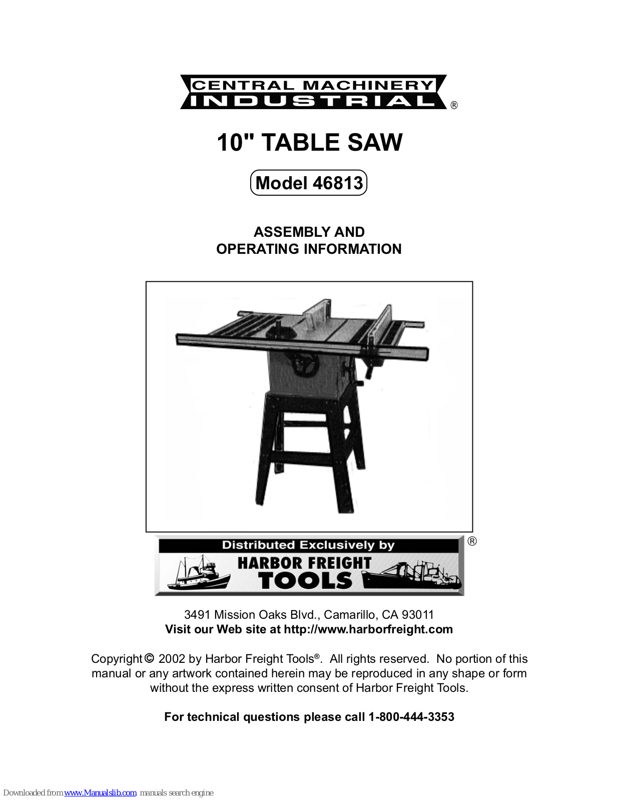 Central Machinery 46813 Assembly & Operating Instructions