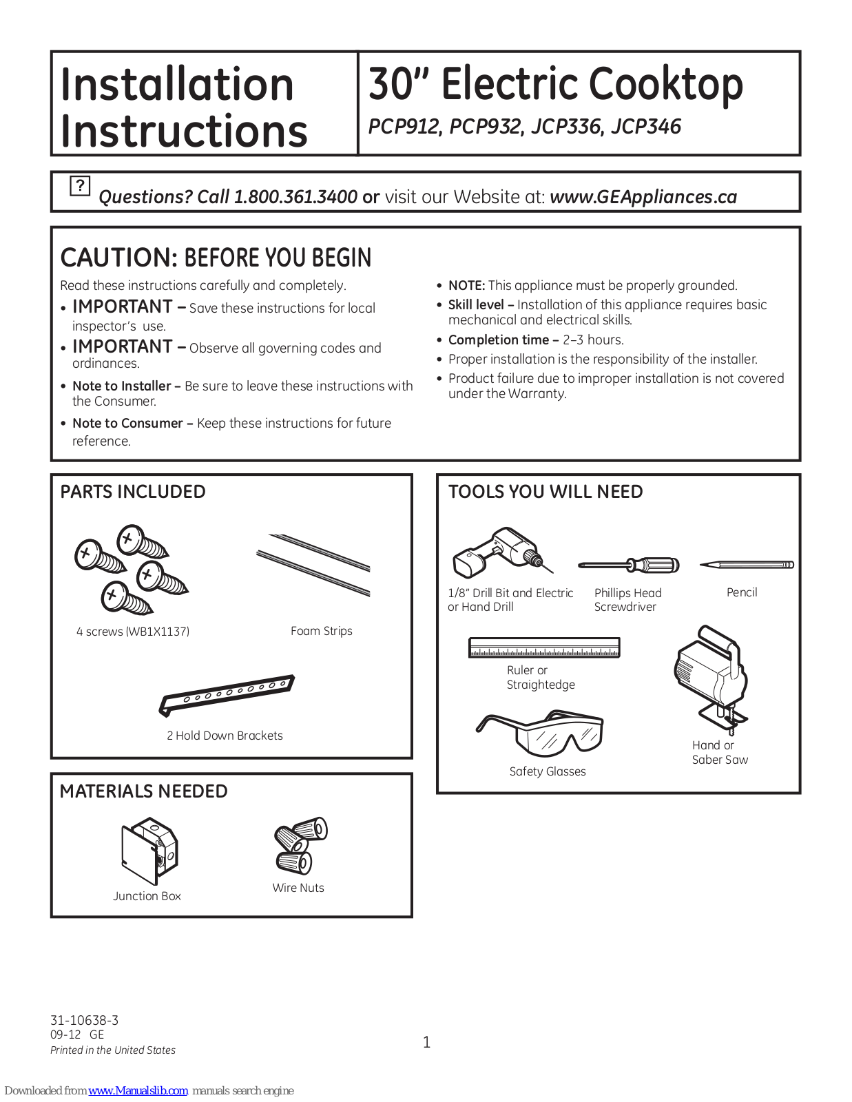 GE PCP912, PCP932, JCP336, JCP346 Installation Instructions Manual