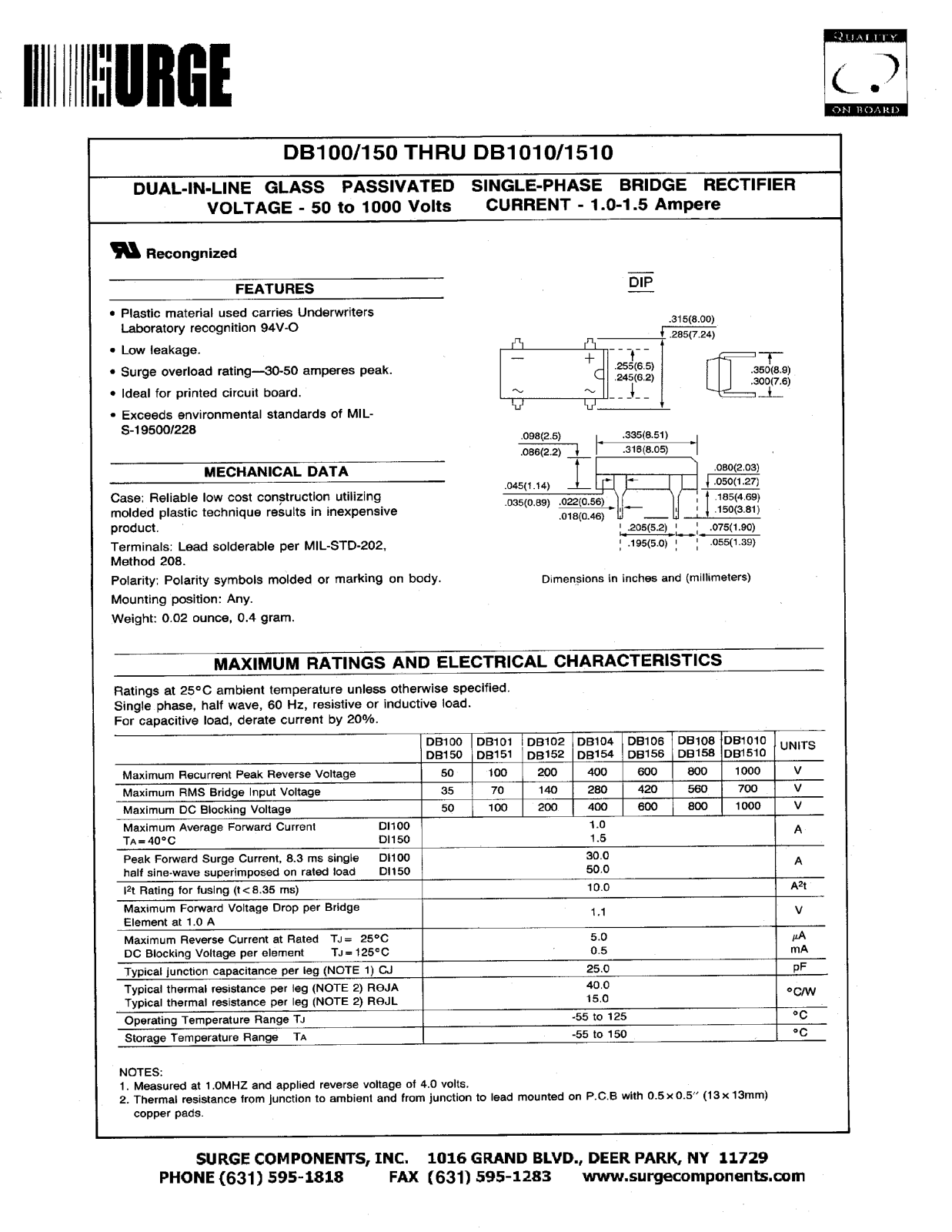 SURGE DB154, DB152, DB1510, DB151, DB150 Datasheet