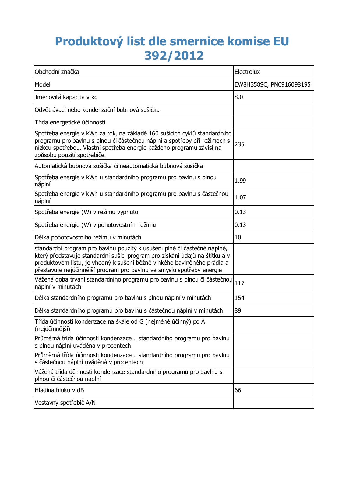 Electrolux EW8H358SC Information sheet