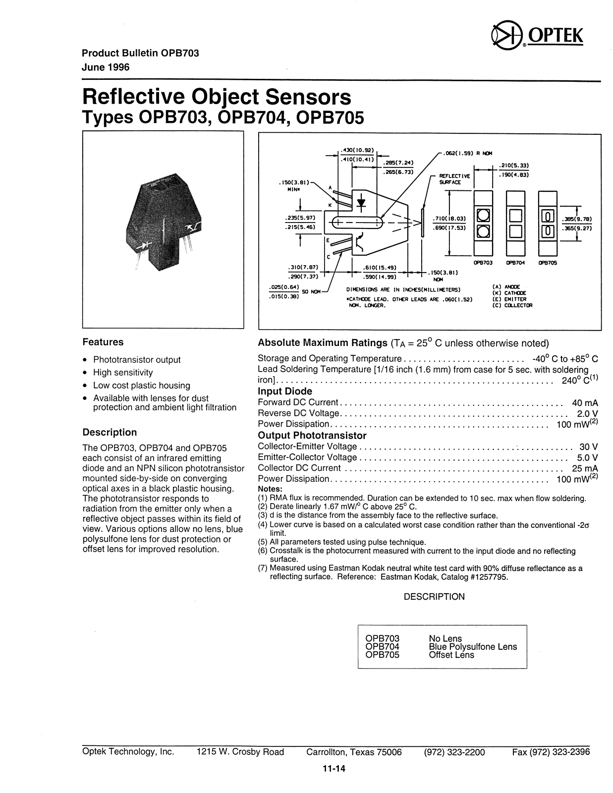 OPTEK OPB703, OPB705 Datasheet