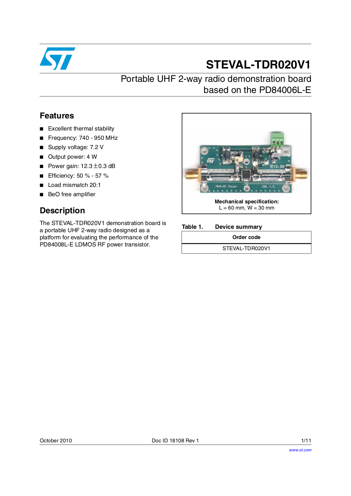 ST TDR020V1 User Manual