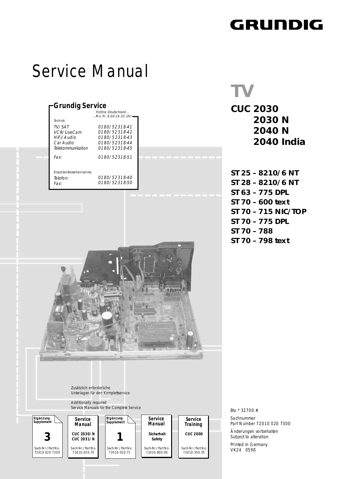 Grundig ST 70 – 798, ST 70 – 788, ST 70 – 600, ST 63 – 775 DPL, ST 25 – 8210-6 NT Service Manual