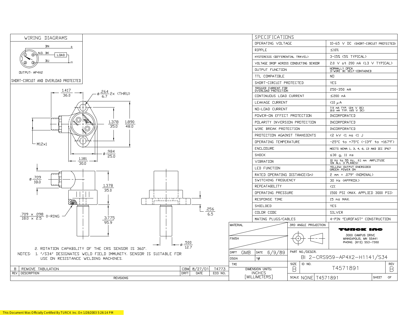 Turck BI2-CRS959-AP4X2-H1141S34 Data Sheet