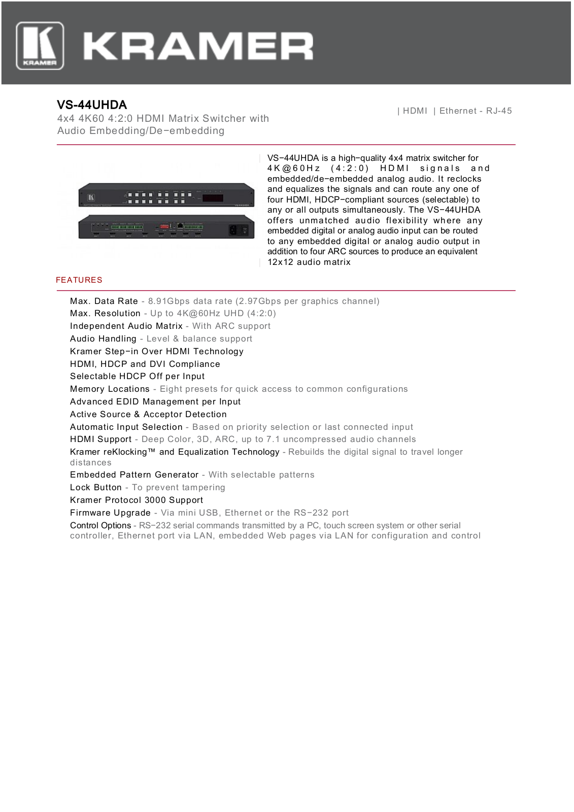 Kramer VS-44UHDA Datasheet