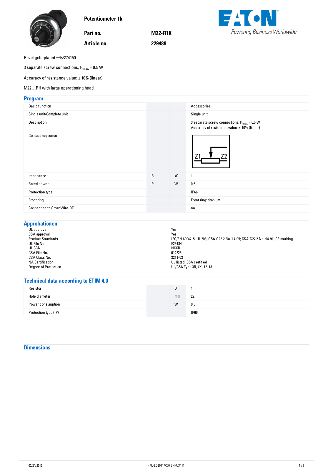 Cutler Hammer, Div of Eaton Corp M22-R1K Data Sheet