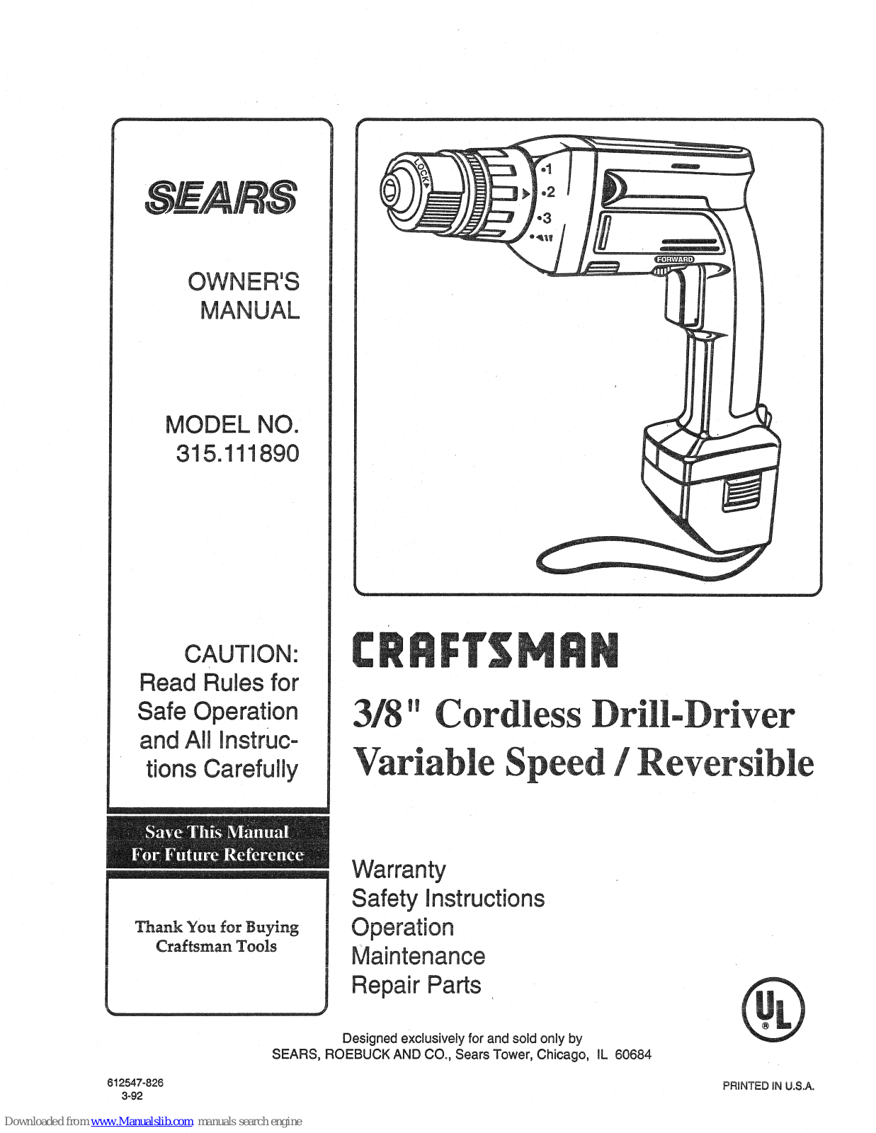 Craftsman 315.111890 Owner's Manual