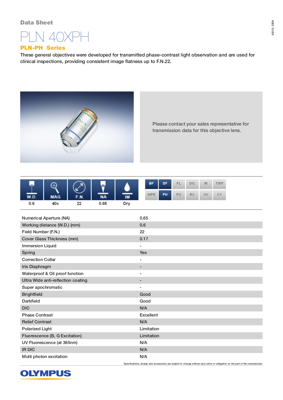Olympus PLN 40XPH Data sheet - ManualMachine.com