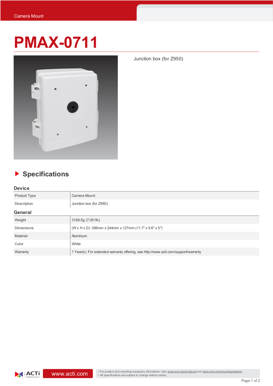 ACTi PMAX-0711 Specsheet