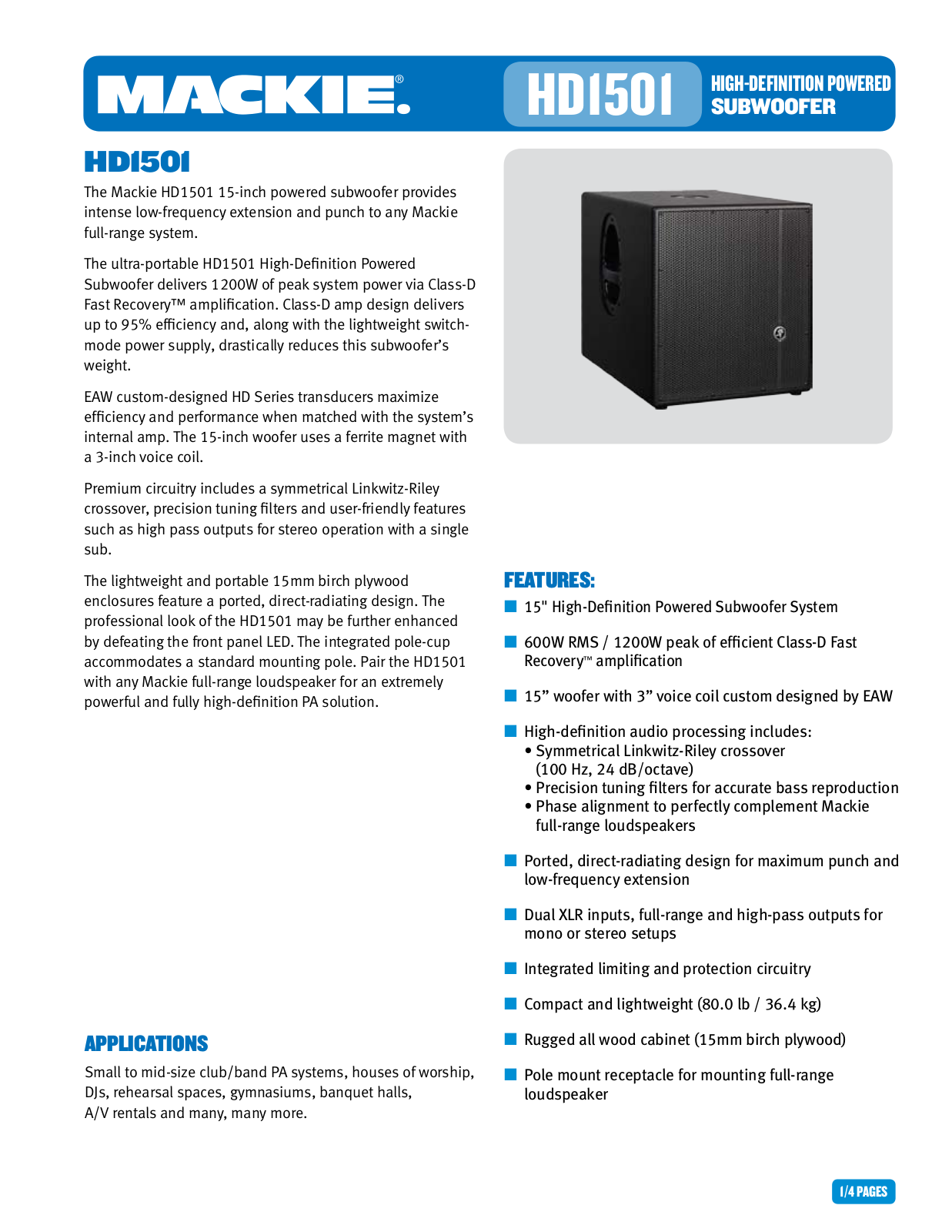 Mackie HDI501, HD1501 Specifications