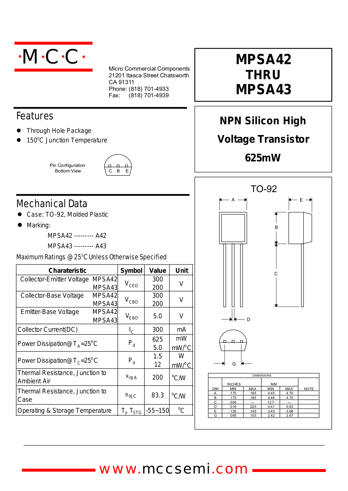 MCC MPSA43 Datasheet