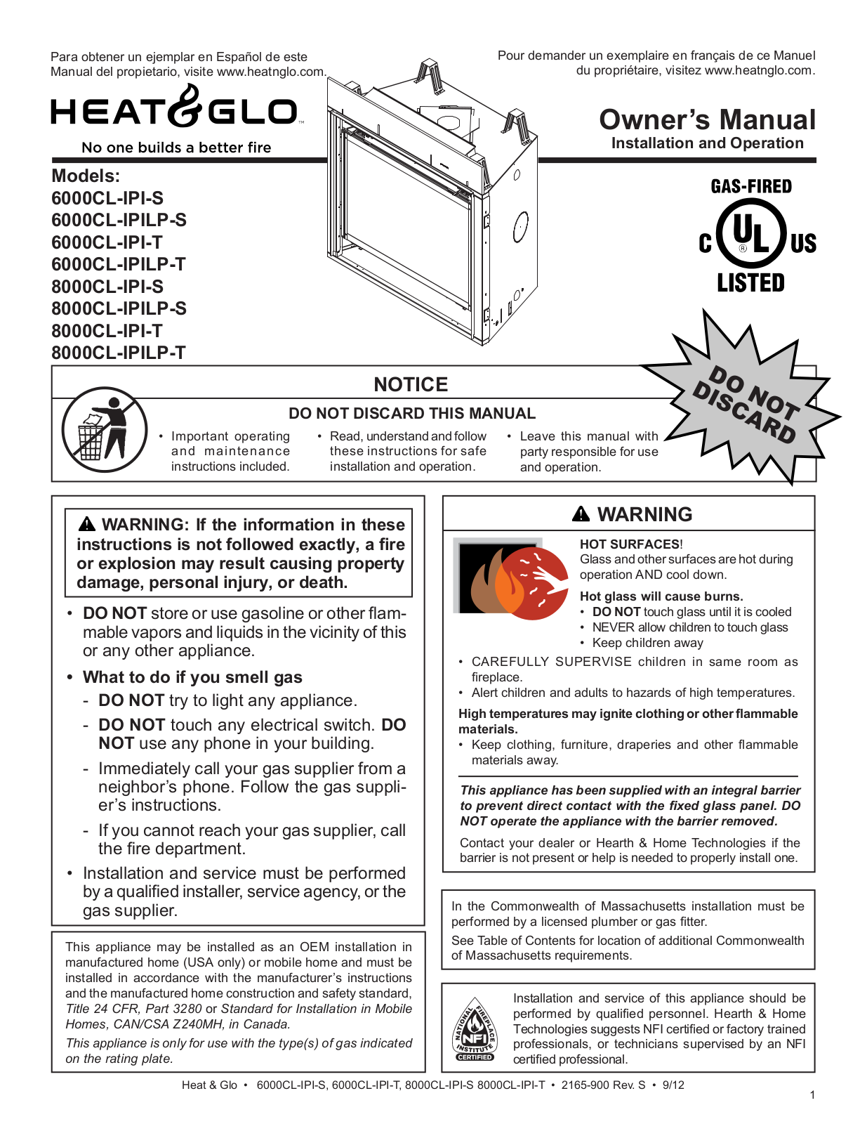 Heat & Glo LifeStyle 8000CL-IPI-T, 6000CL-IPI-T, 6000CL-IPI-S, 8000CL-IPI-S User Manual