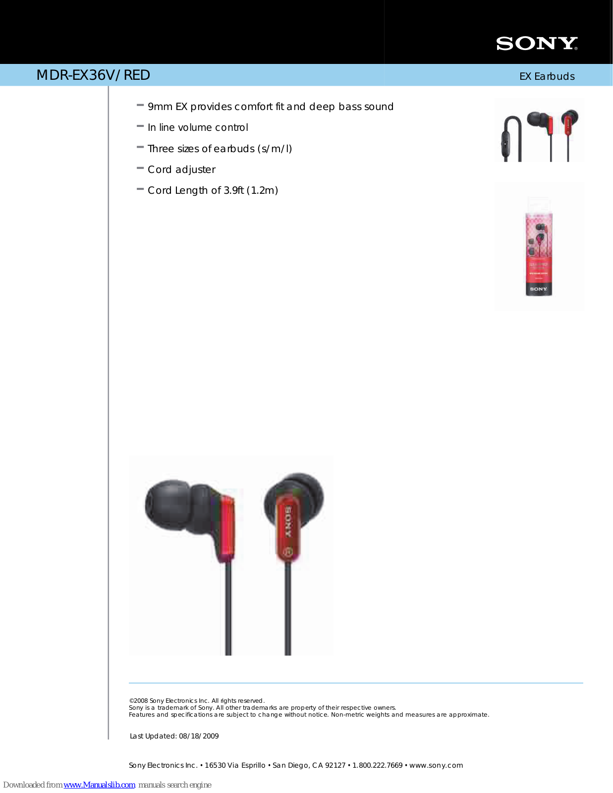 Sony MDR-EX36V/RED, MDR-EX36V, MDR-EX36RED Features