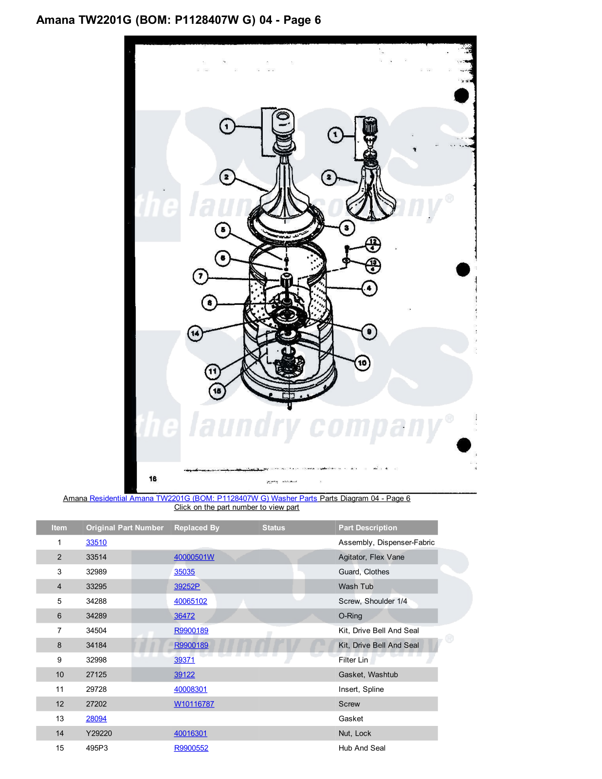 Amana TW2201G Parts Diagram