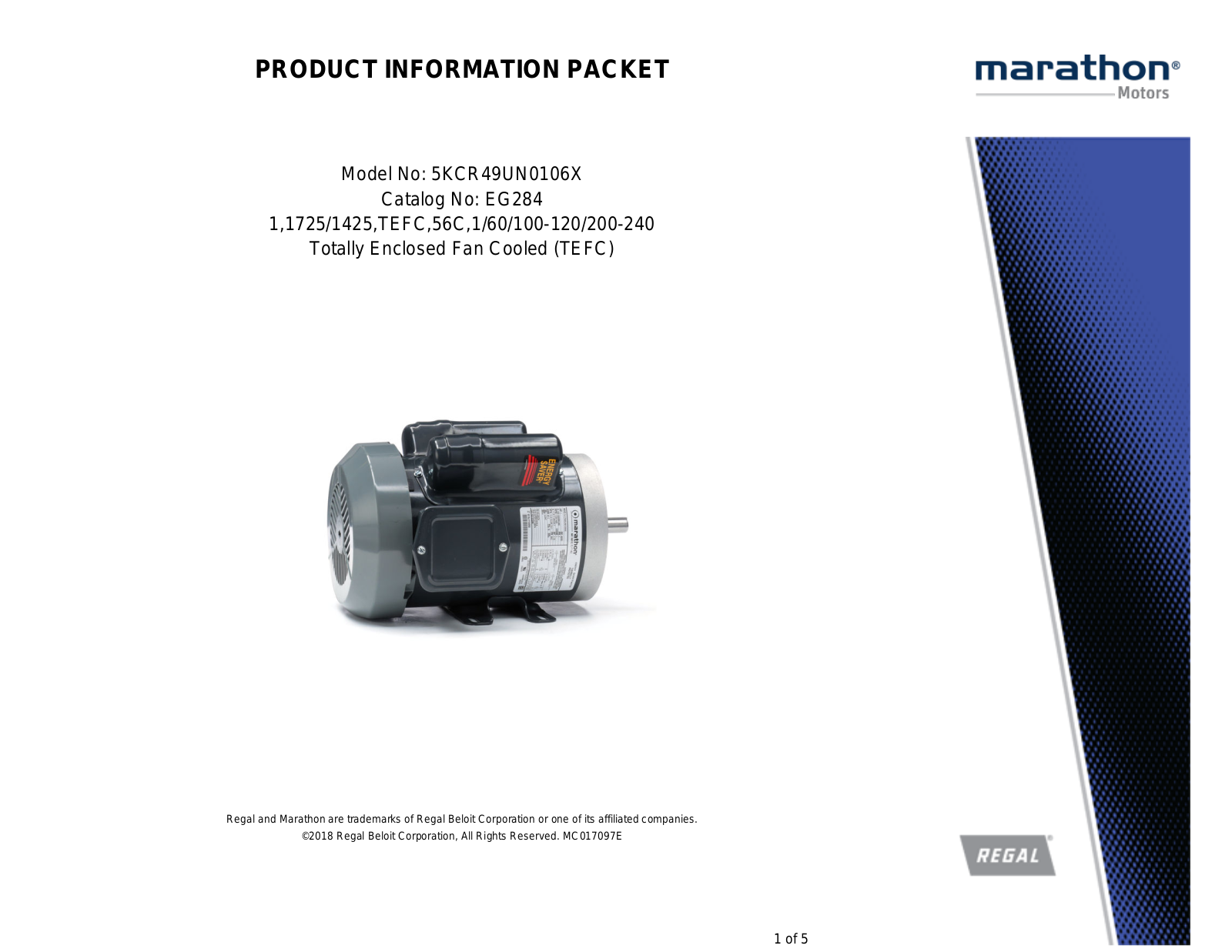 Marathon Electric 5KCR49UN0106X Product Information Packet