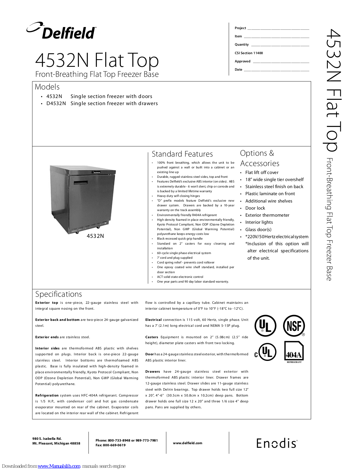 Delfield Enodis 4532N, D4532N Specification Sheet