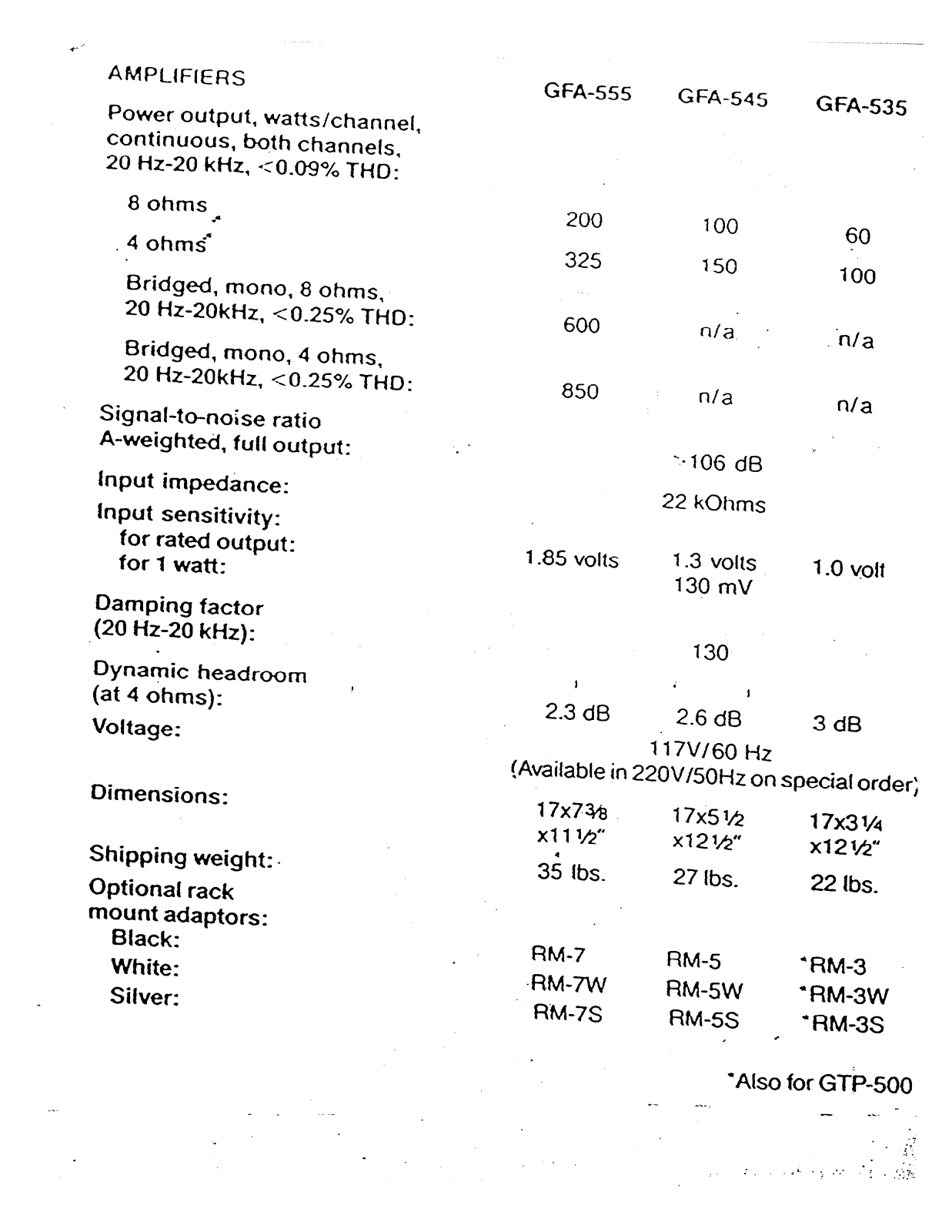 Adcom GFA-535, GFA-545, GFA-555 Owners manual