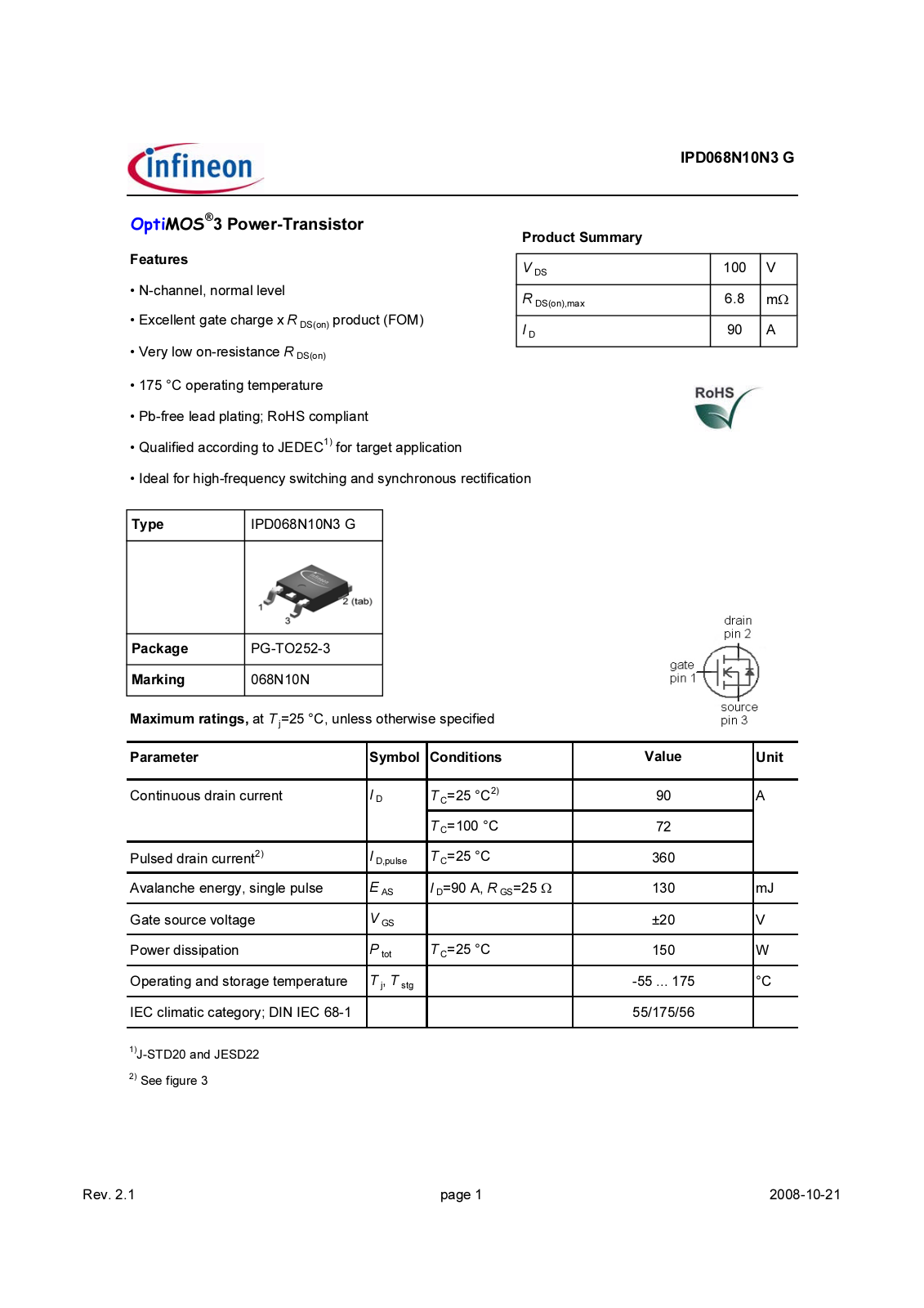 Datasheet ipd068n10n3g_rev2.1 Datasheet - ManualMachine.com