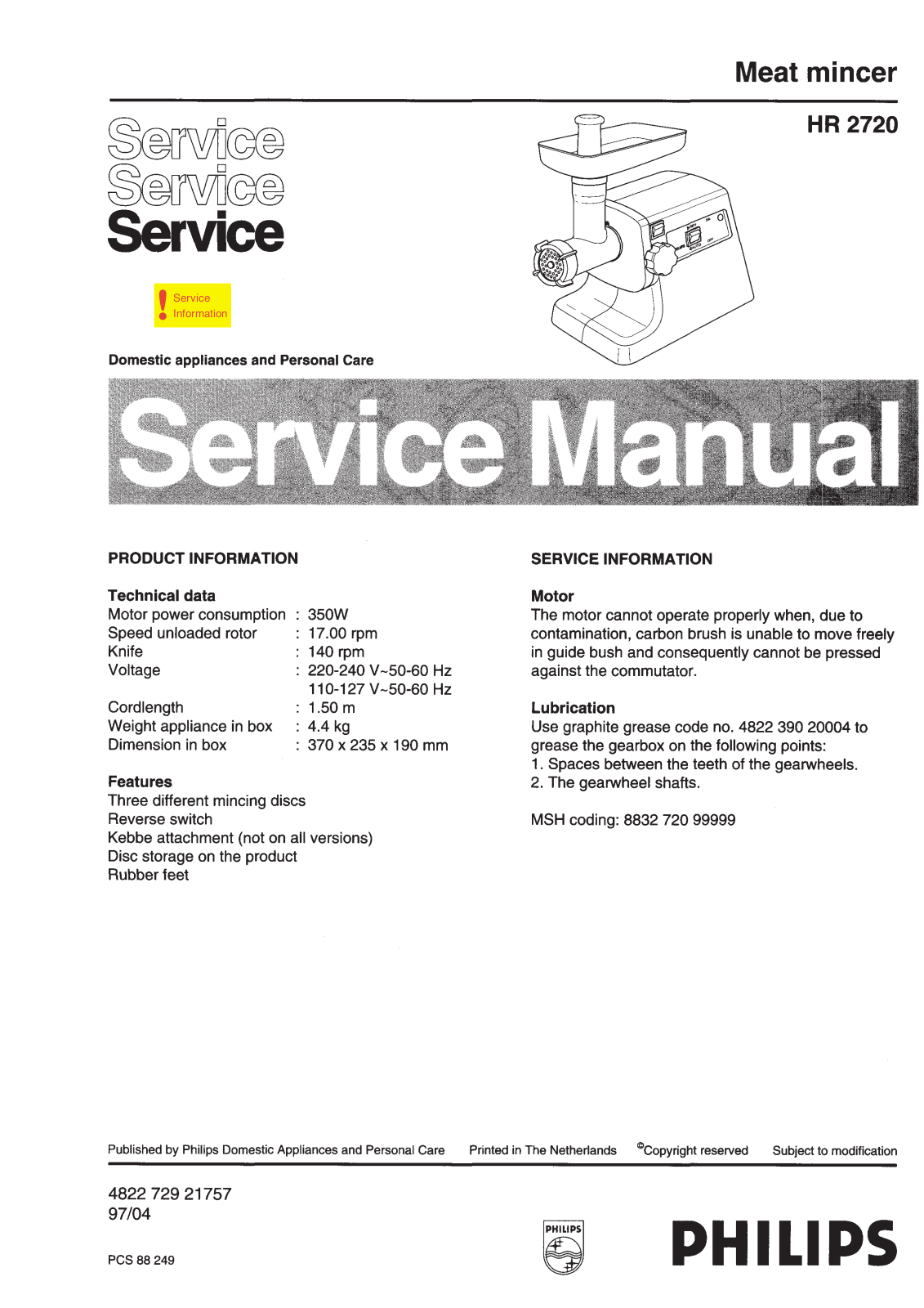 Philips HR2720 Service Manual