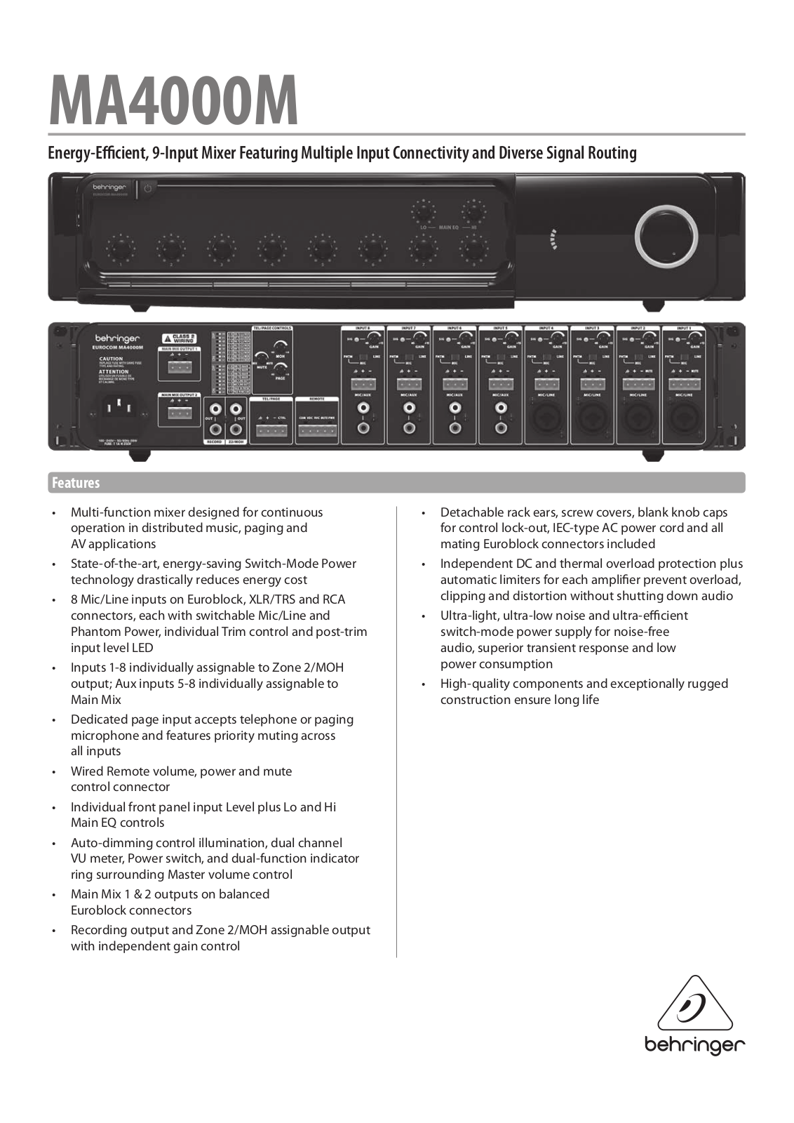 Behringer MA4000M Specification Sheet