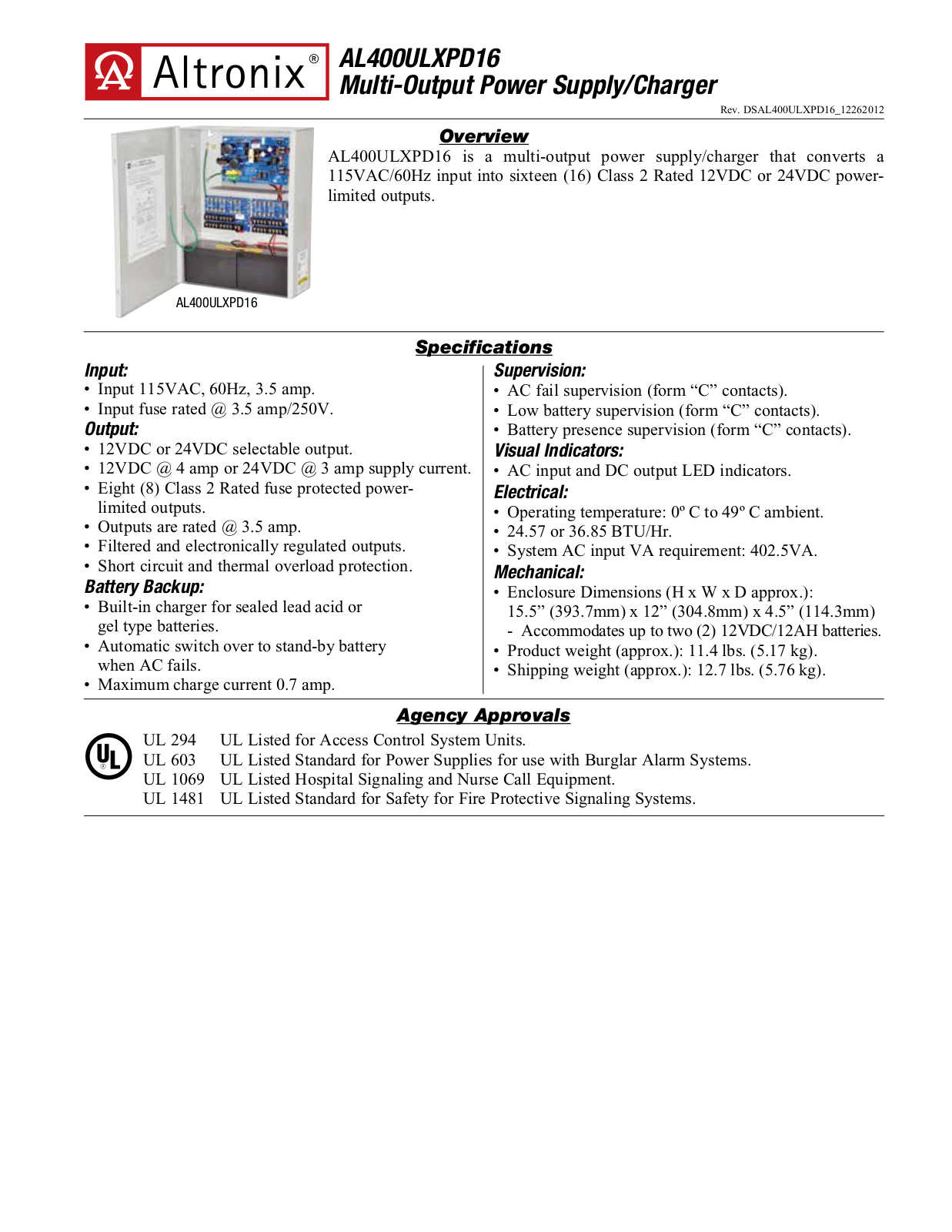 Altronix AL400ULXPD16 Specsheet