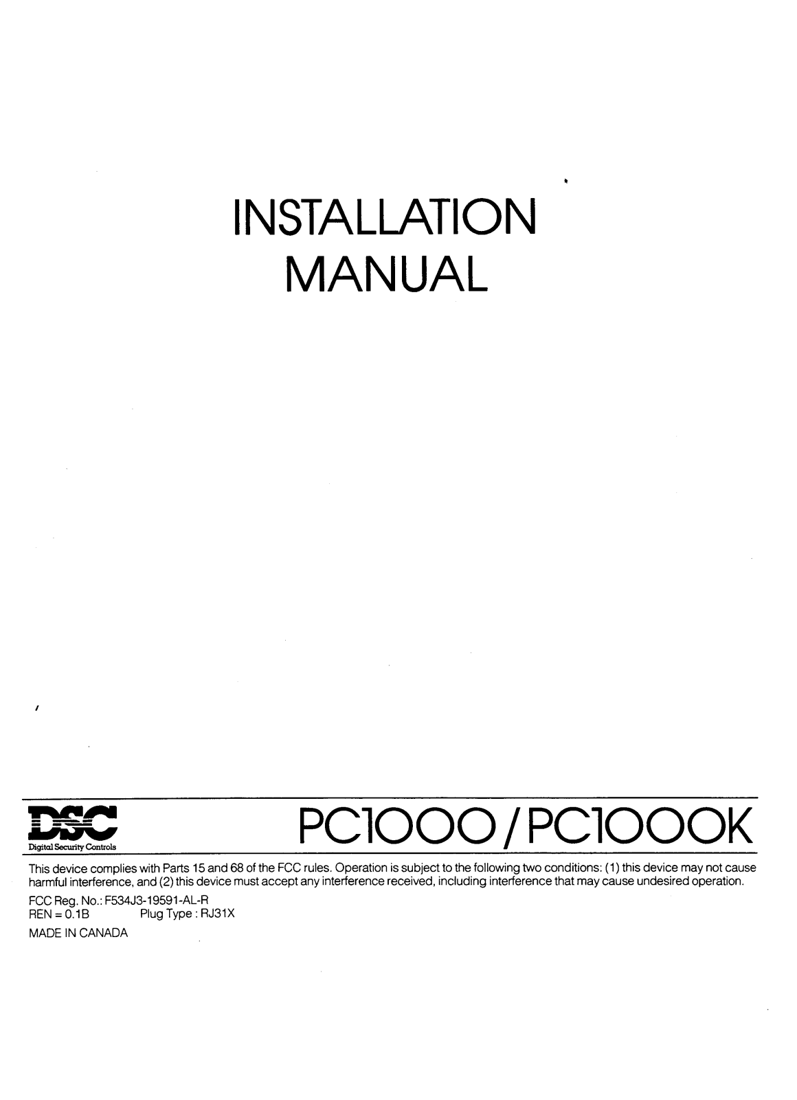 DSC PC1000, PC1000K Installation Manual