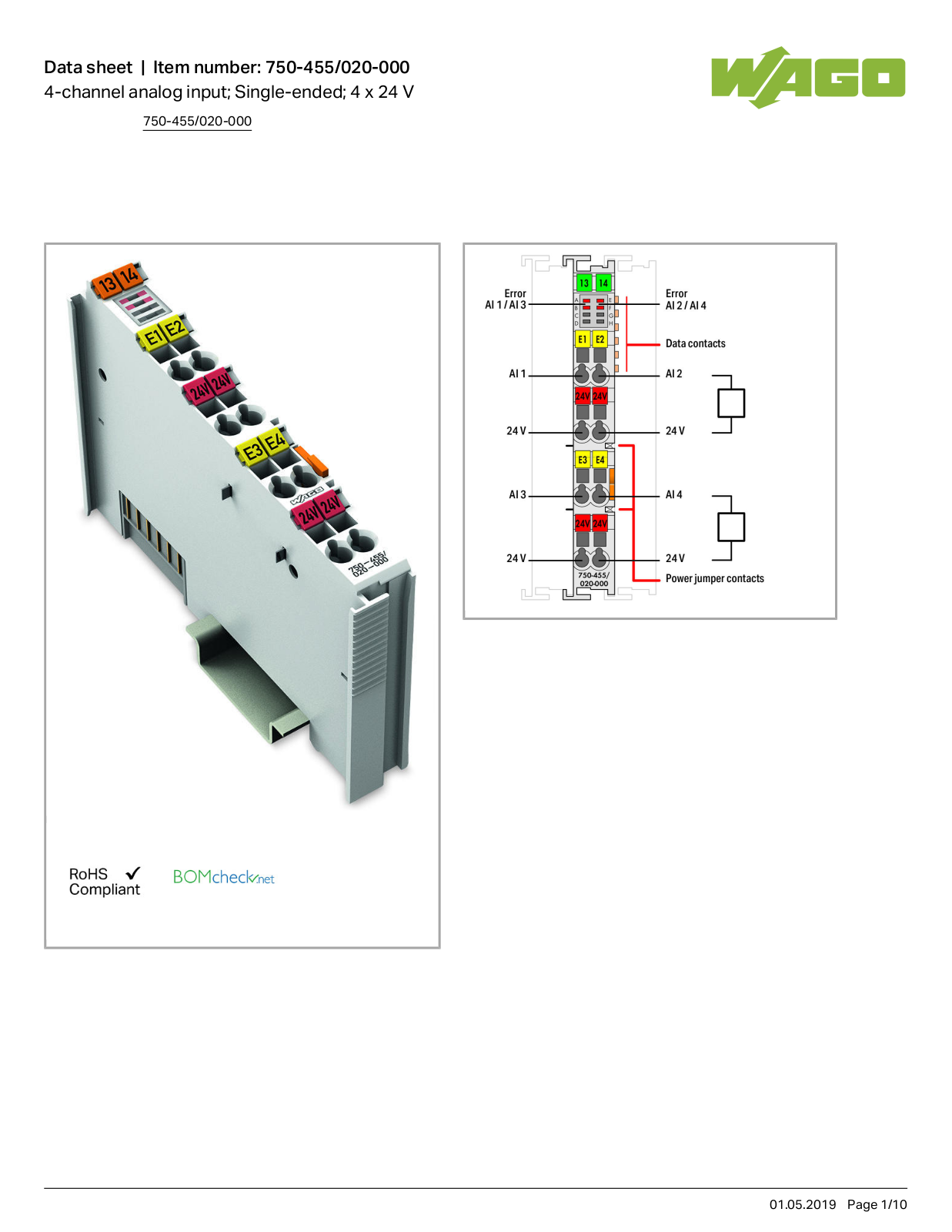 Wago 750-455/020-000 Data Sheet