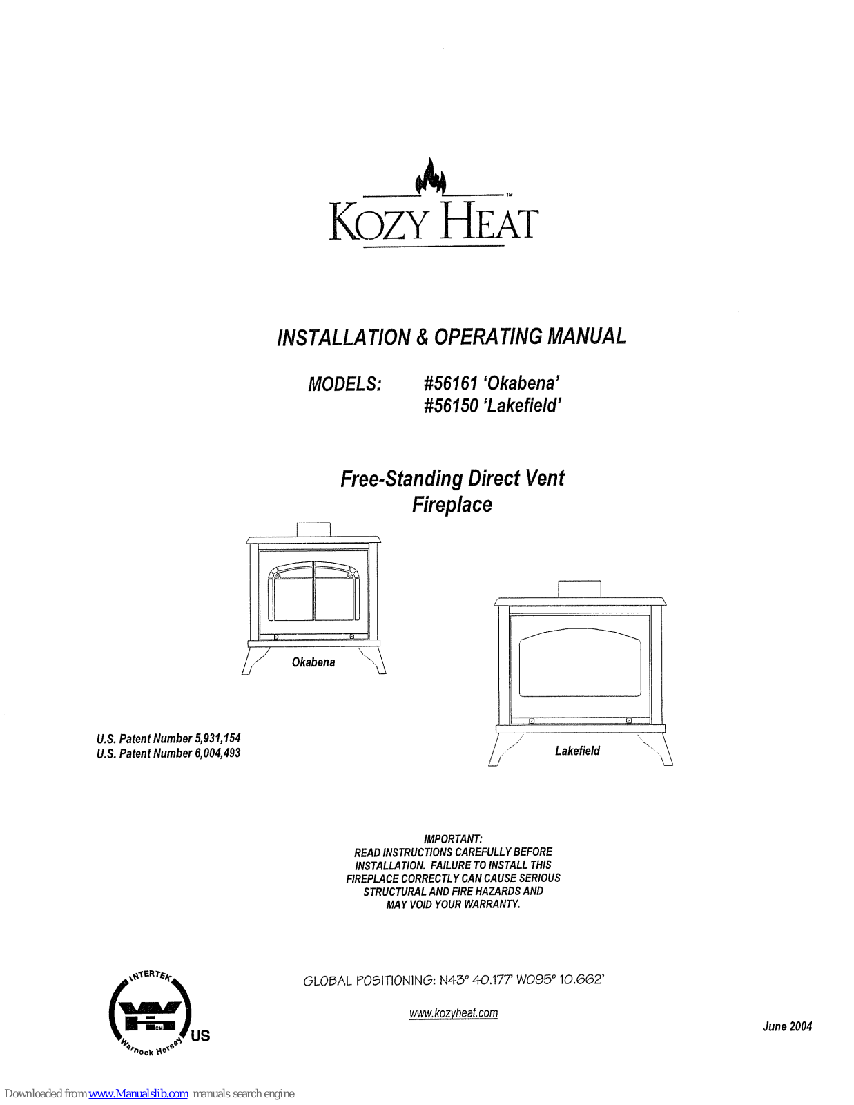 kozy heat 56161, 56150 Operating Manual