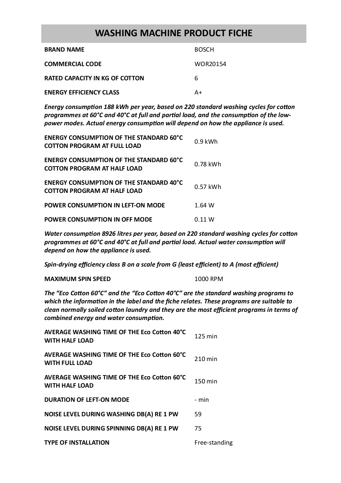 BOSCH WOR20154, WOPI804E Product Sheet