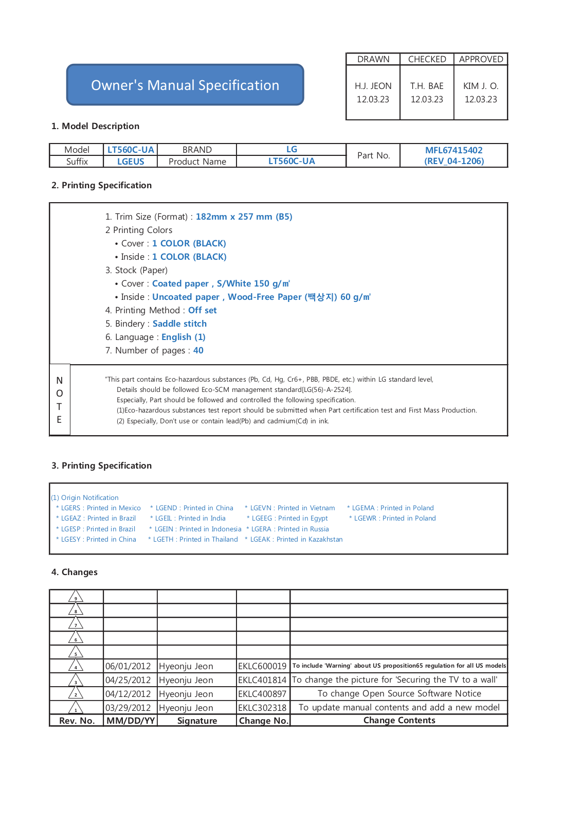 LG Electronics USA 32LT560CUA Users Manual