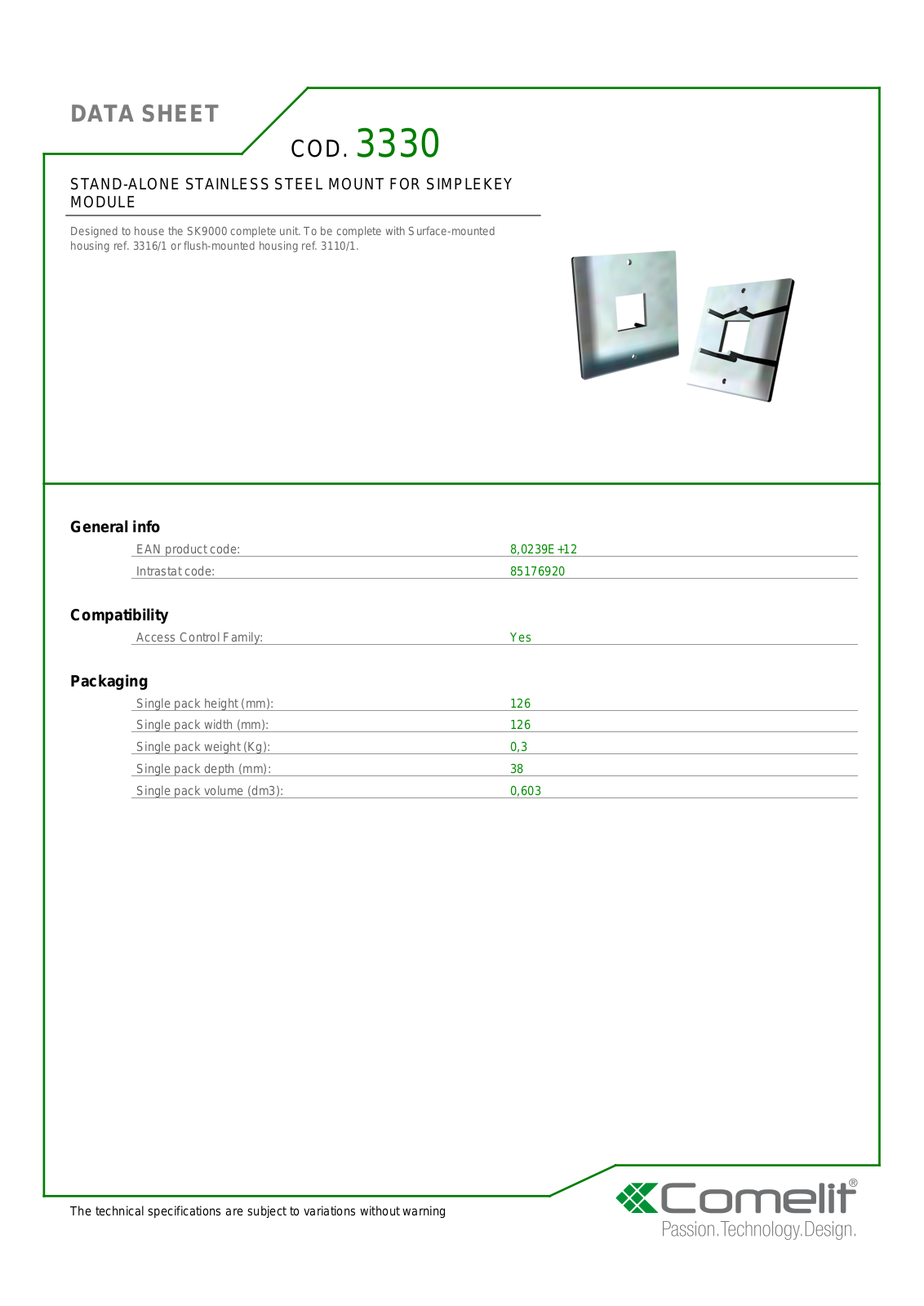 Comelit 3330 Specsheet