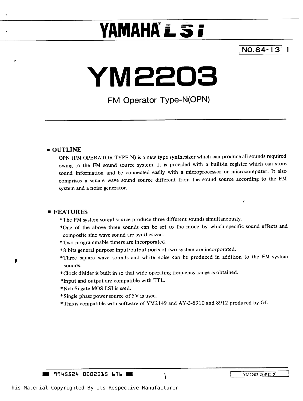 Yamaha YM2203 Datasheet