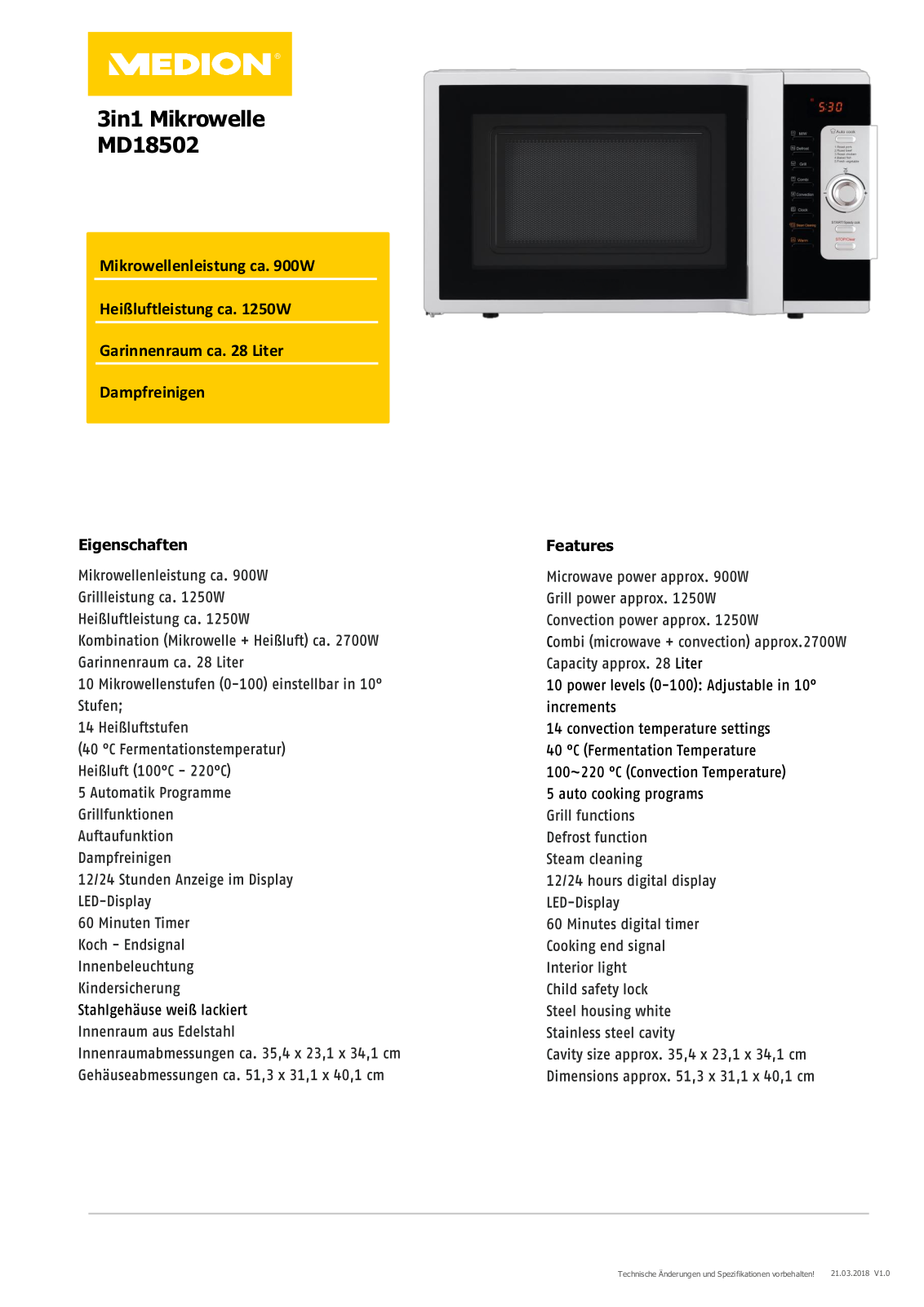 Medion MD 18502 Technical data