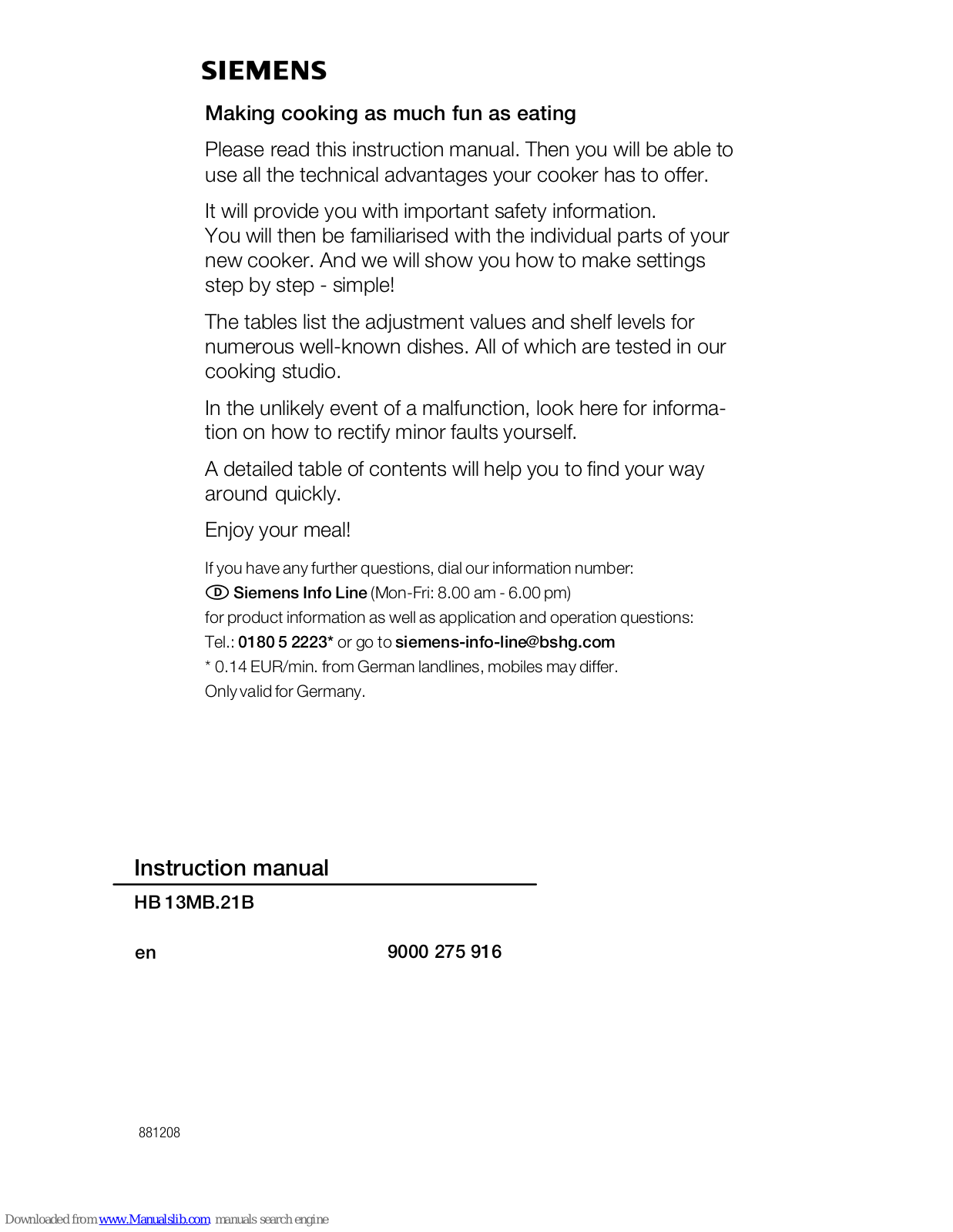 Siemens HB 13MB.21B, HB13MB.20B Instruction Manual