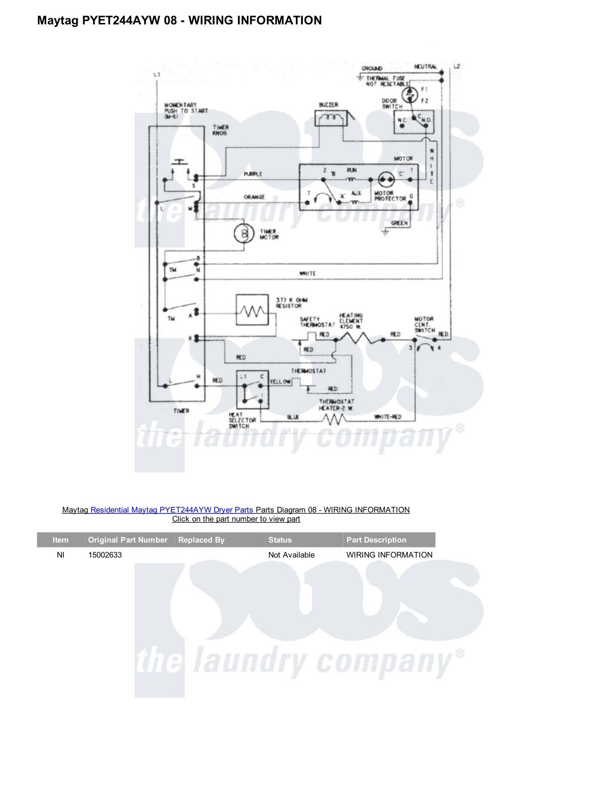 Maytag PYET244AYW Parts Diagram