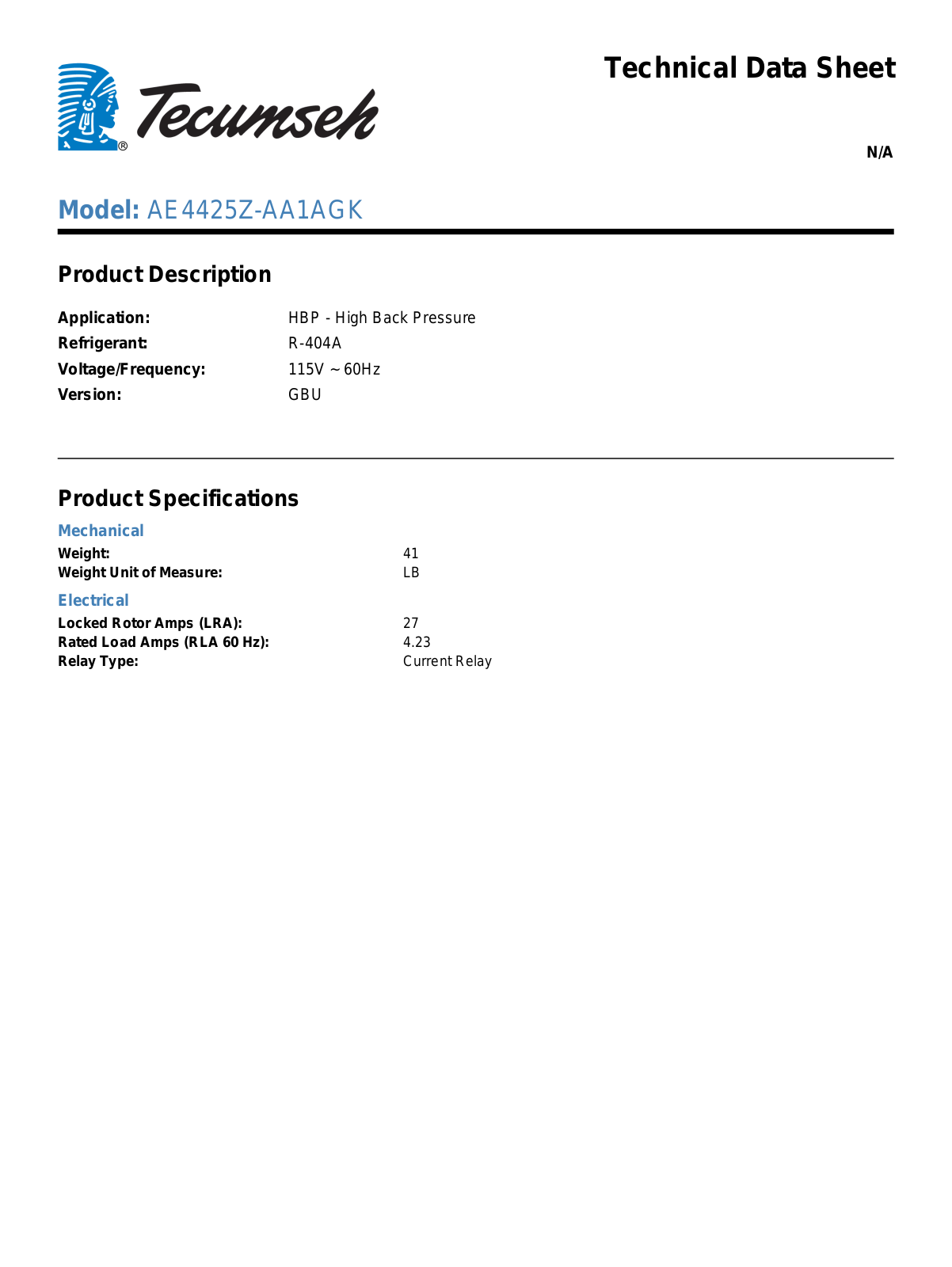 Tecumseh AE4425Z-AA1AGK User Manual