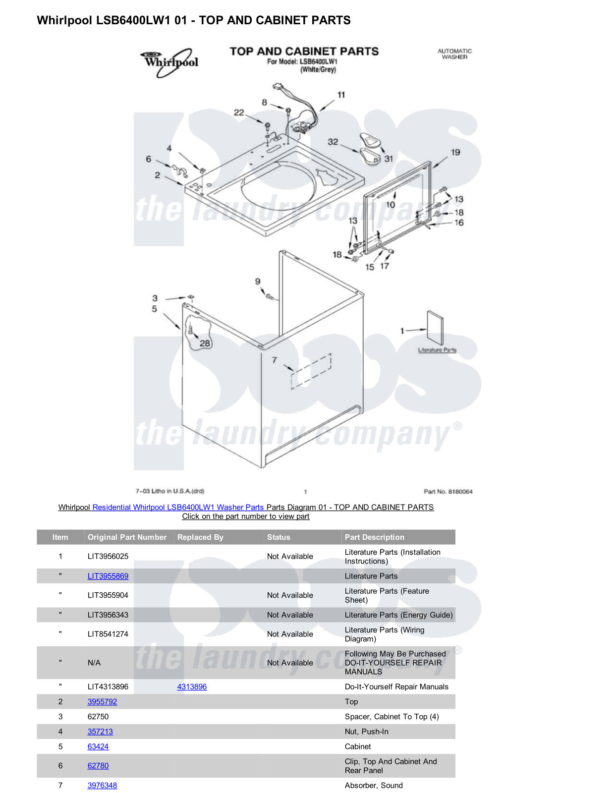 Whirlpool LSB6400LW1 Parts Diagram