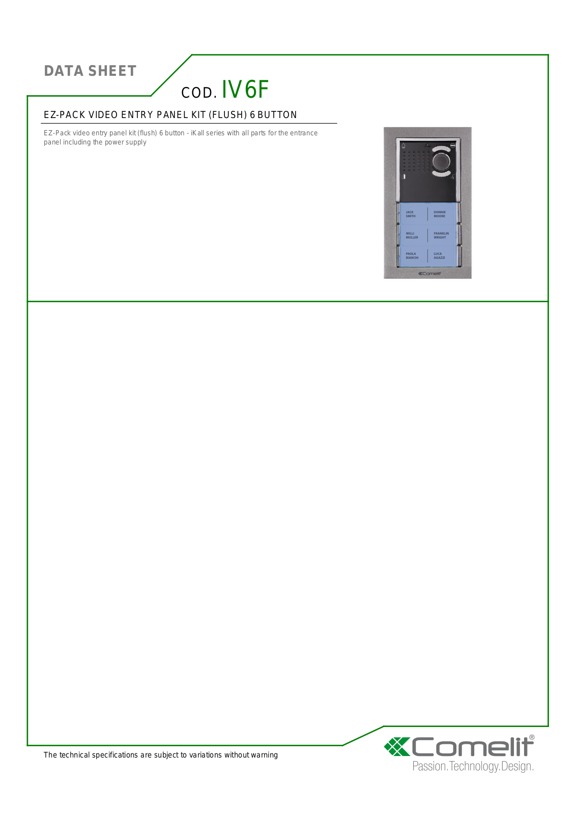 Comelit IV6F Specsheet